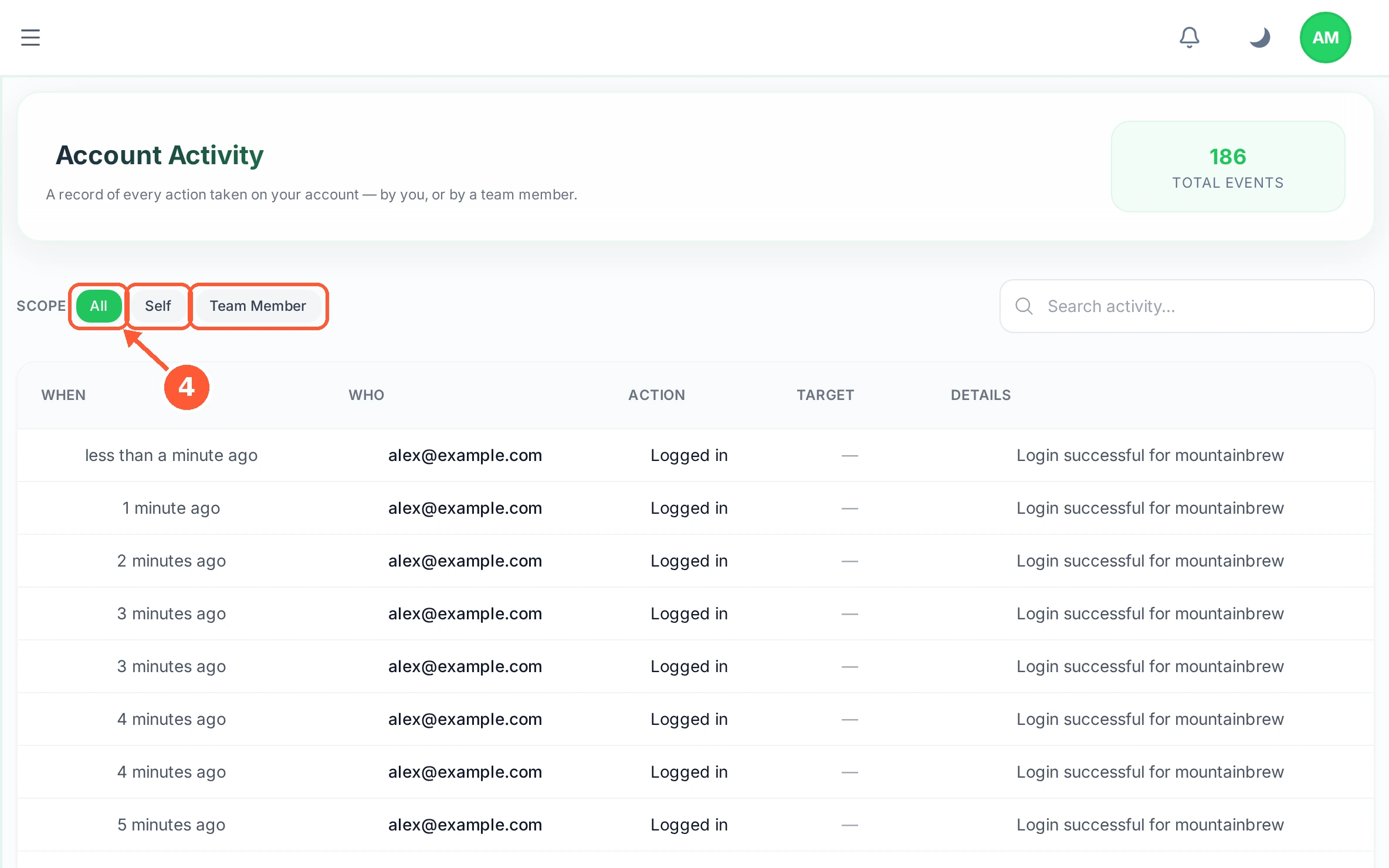 Step 4: The All, Self and Team Member buttons split the list: everything, only your own actions, or only your team's.