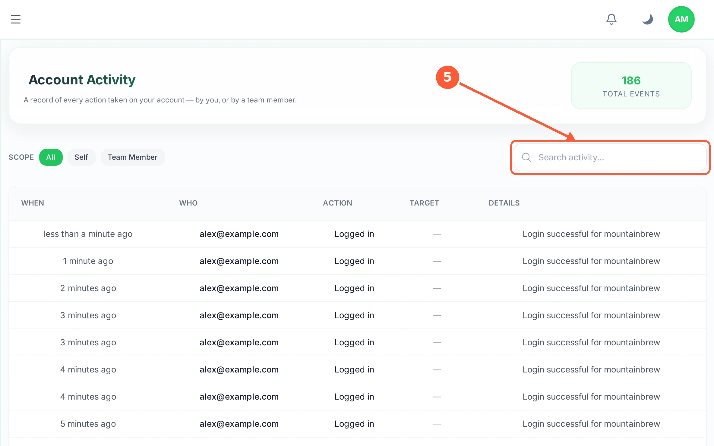 Step 5: The Search activity box filters the list by any word in it, which is the quickest way to find one keyword or one site.