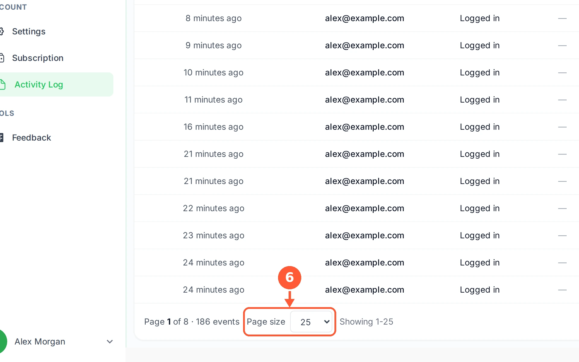 Step 6: Page size sets how many entries you see at a time.