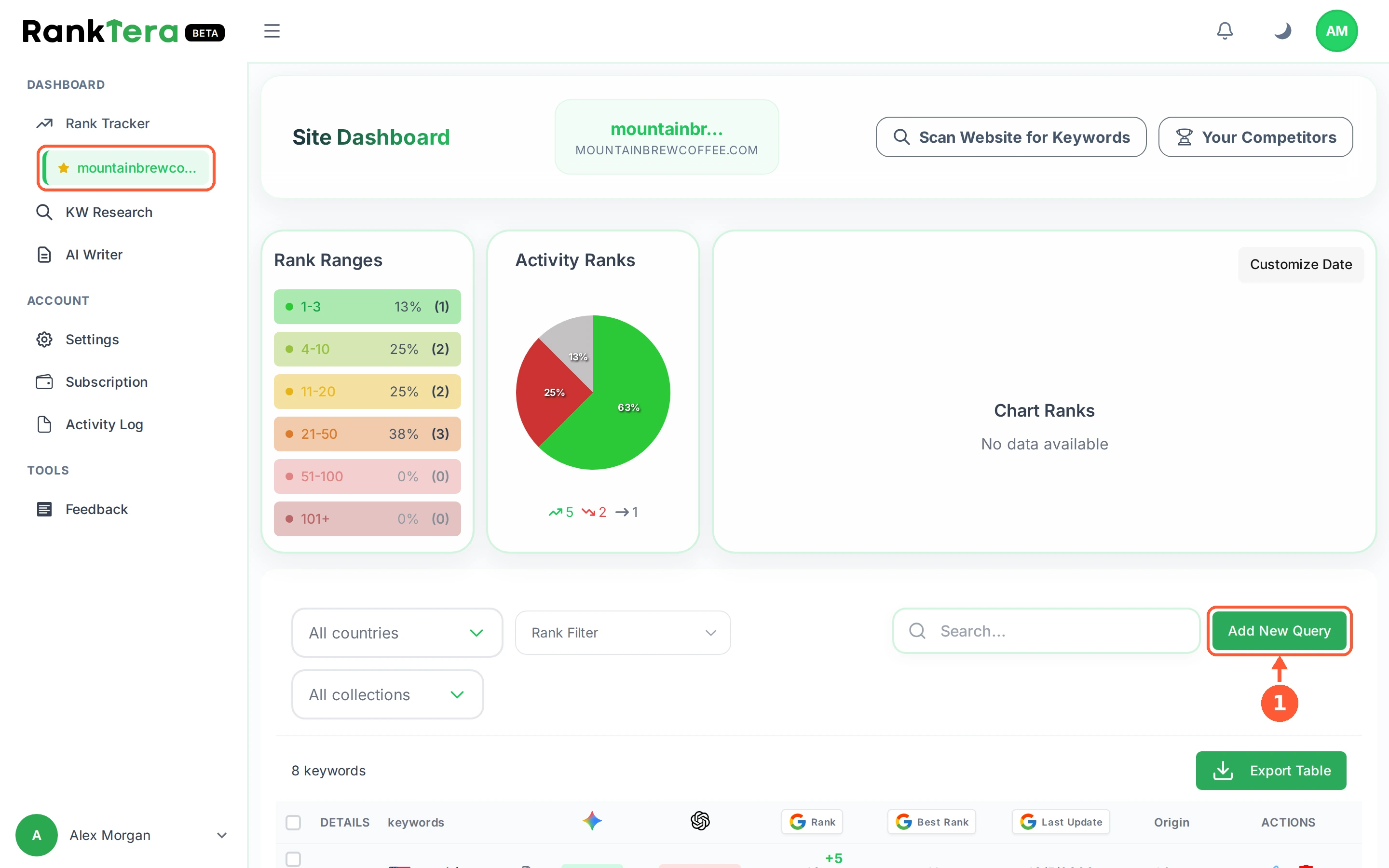 Step 1: In the left menu open Rank Tracker and pick your website, then click Add New Query above the keyword table.