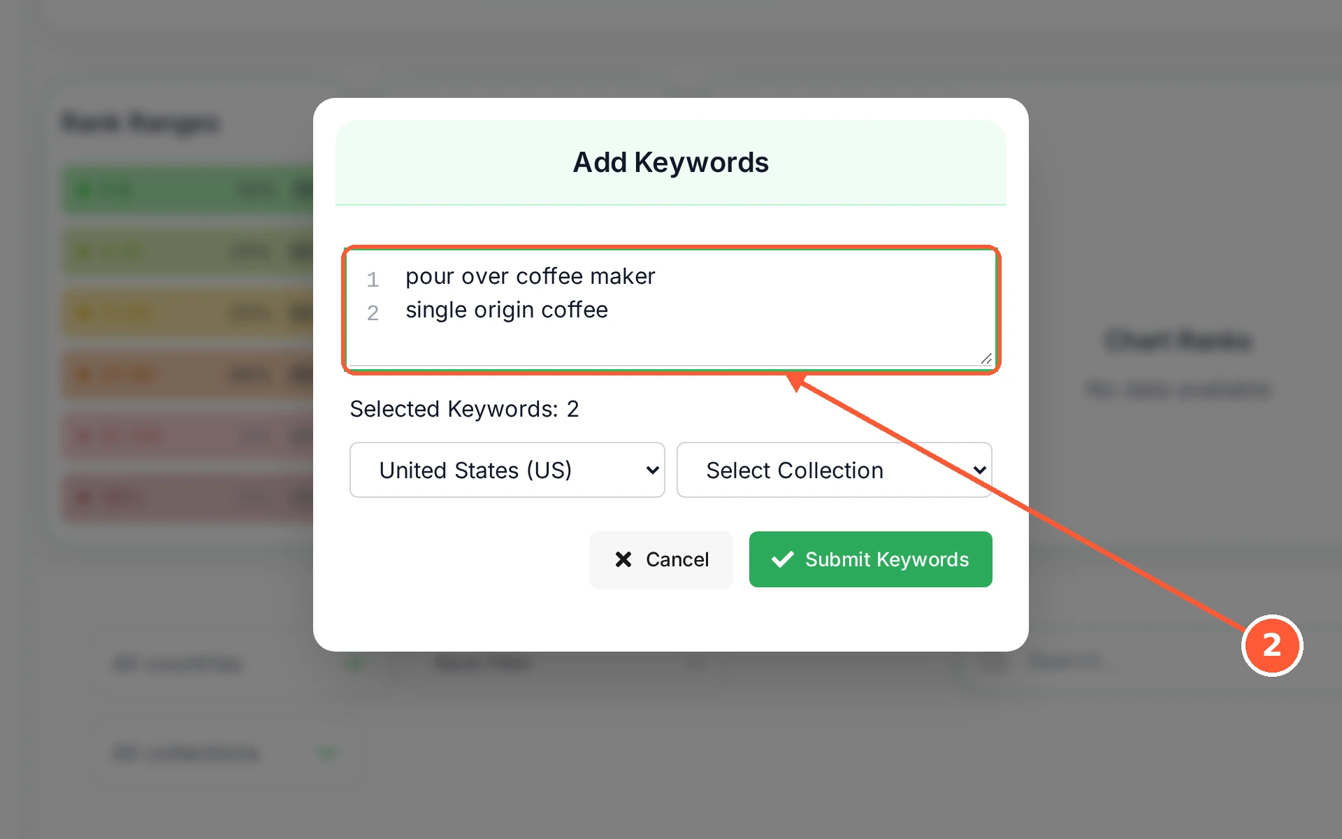 Step 2: Type your keywords in the box, one per line. You can paste a whole list at once, and the counter under the box shows how many it read.