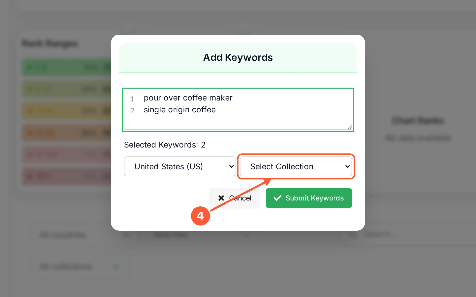 Step 4: Optional: put the keywords in a Collection so you can filter the table by group later, for example one collection per product.