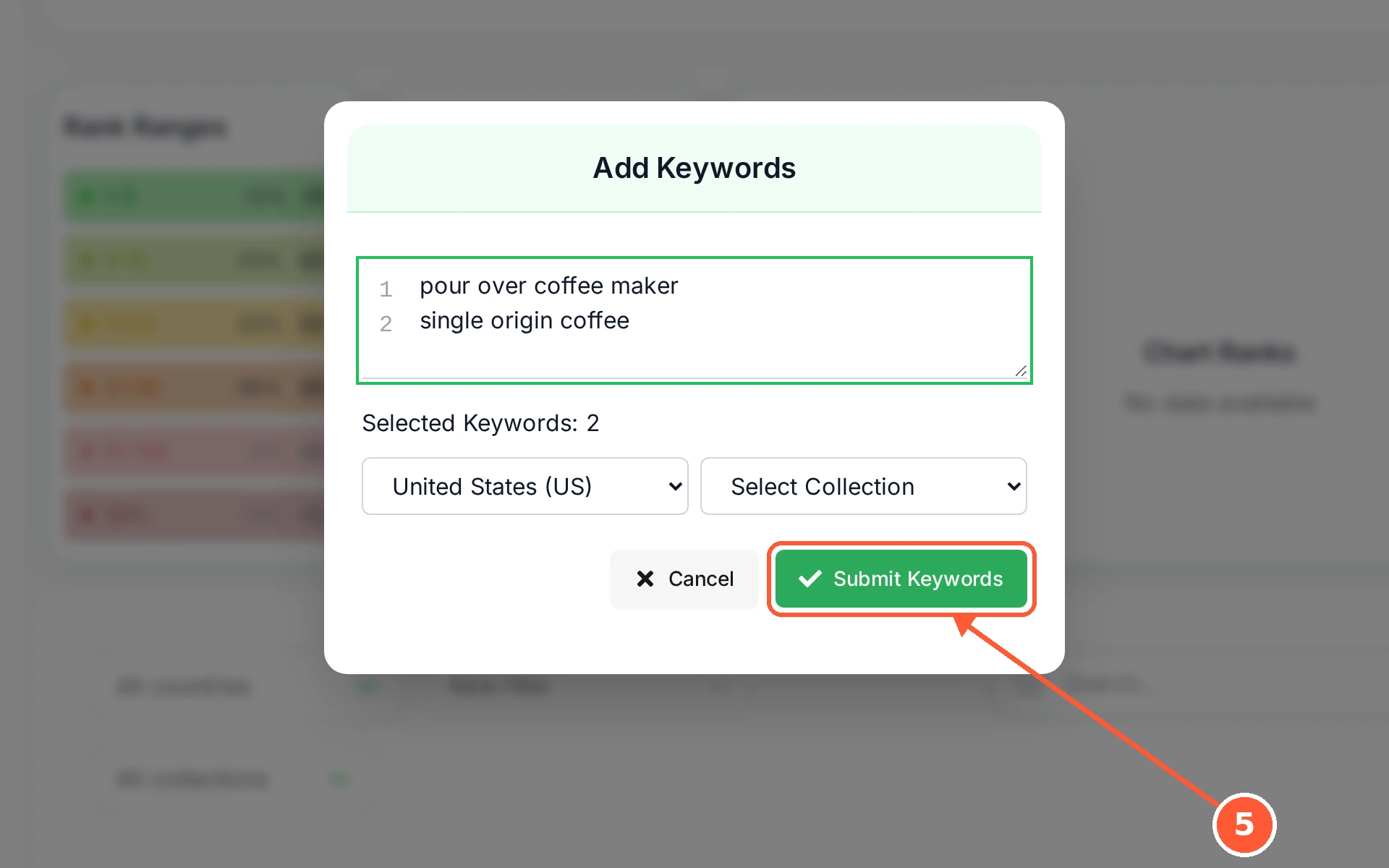 Step 5: Click Submit Keywords. Each keyword uses one of the tracker slots in your plan.
