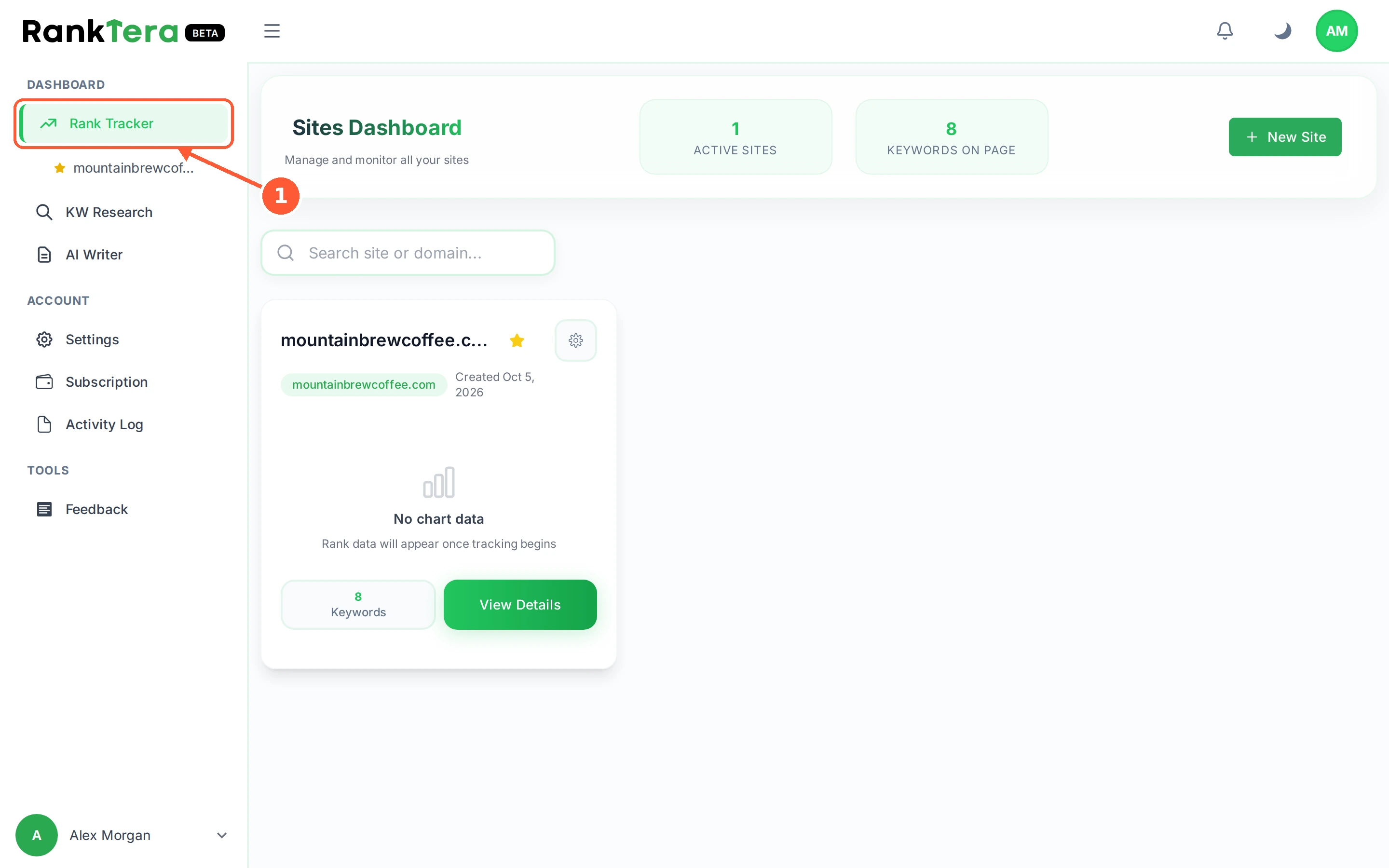 Step 1: In the left menu open Rank Tracker. This is the Sites Dashboard, the list of every website on your account.