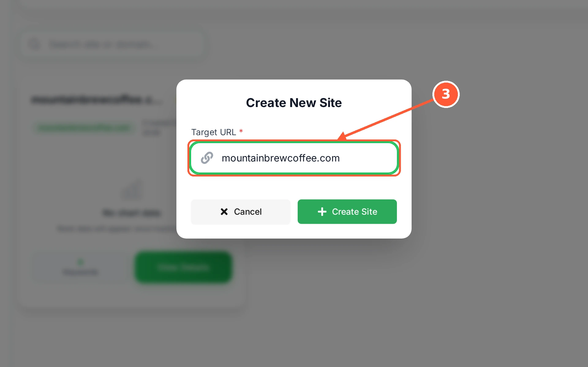 Step 3: Type your website address into Target URL, for example mountainbrewcoffee.com. This is the site RankTera looks for in the search results.