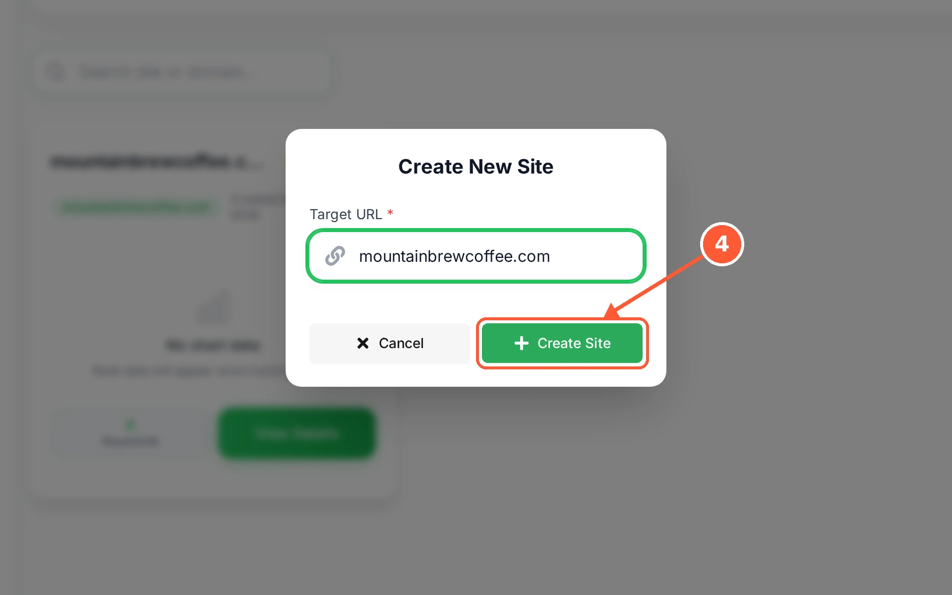 Step 4: Click Create Site. Your site appears in the list straight away, with no keywords on it yet.