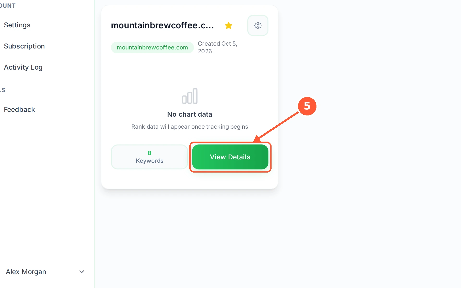 Step 5: Click your site's card, or View Details on it, to open its own dashboard. That is where you add keywords and read your ranks.