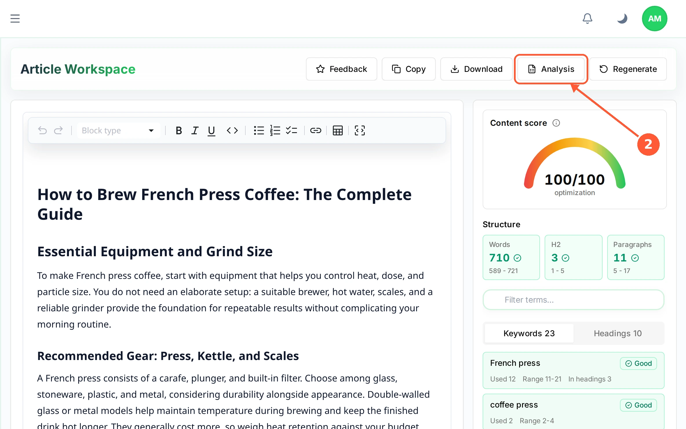Step 2: Click Analysis on the right to open the scorecard. It starts closed, so the article has the full width until you want it.
