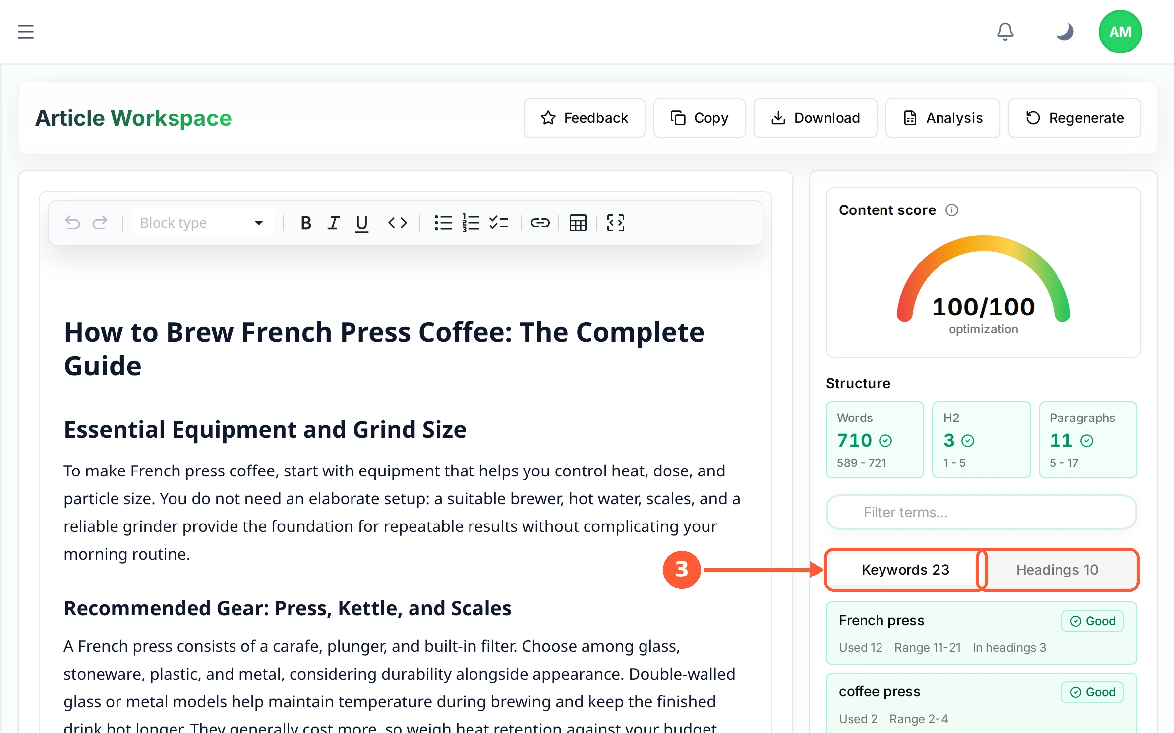 Step 3: Keywords and Headings are the scorecard's two tabs, each with its count beside the name. Keywords holds the terms to work in; Headings lists your headings, each marked Found with its level, so you can see which are still missing.