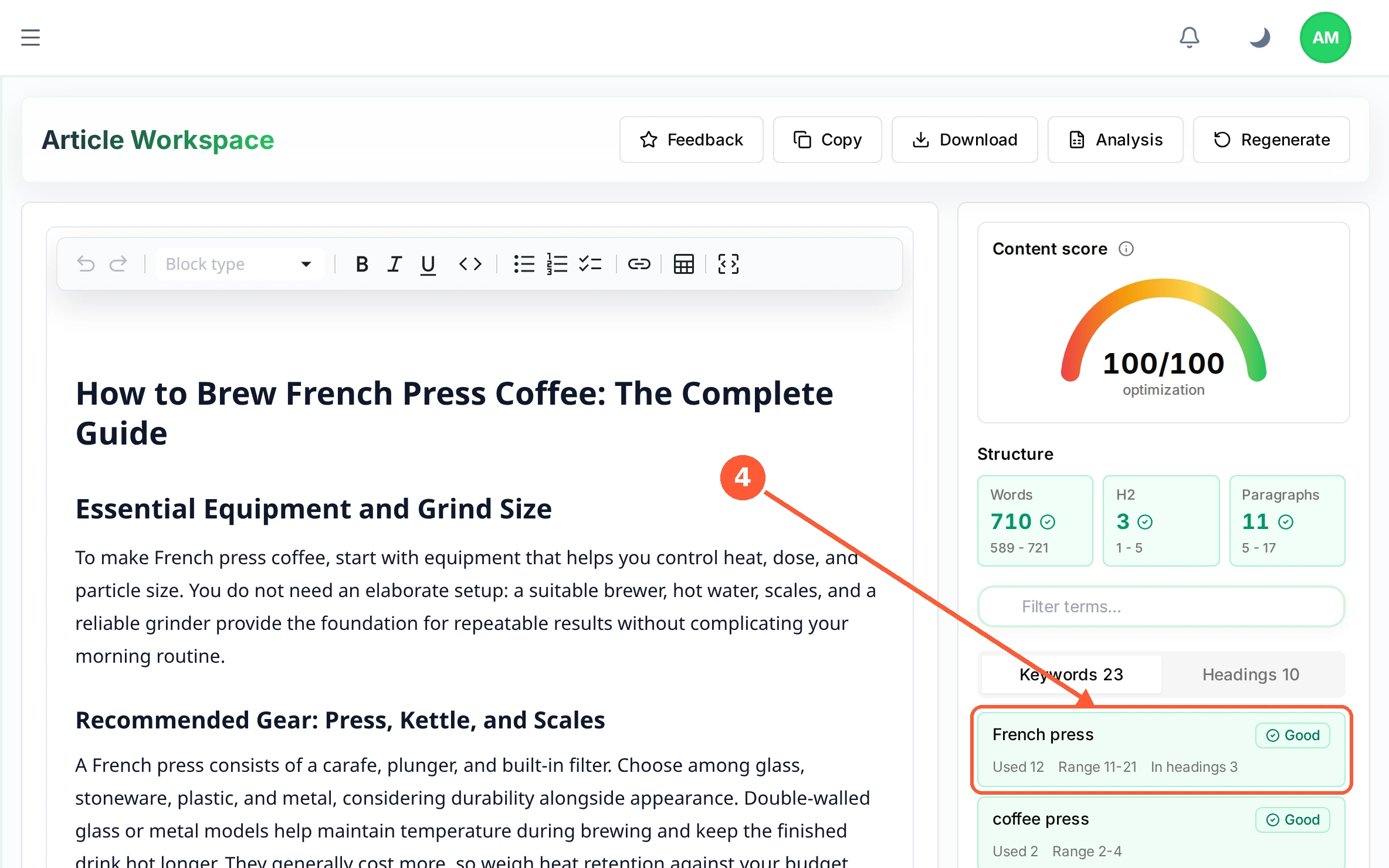 Step 4: Each row is a term: how many times you Used it, the Range the winning pages sit in, and In headings, how many of your headings contain it.