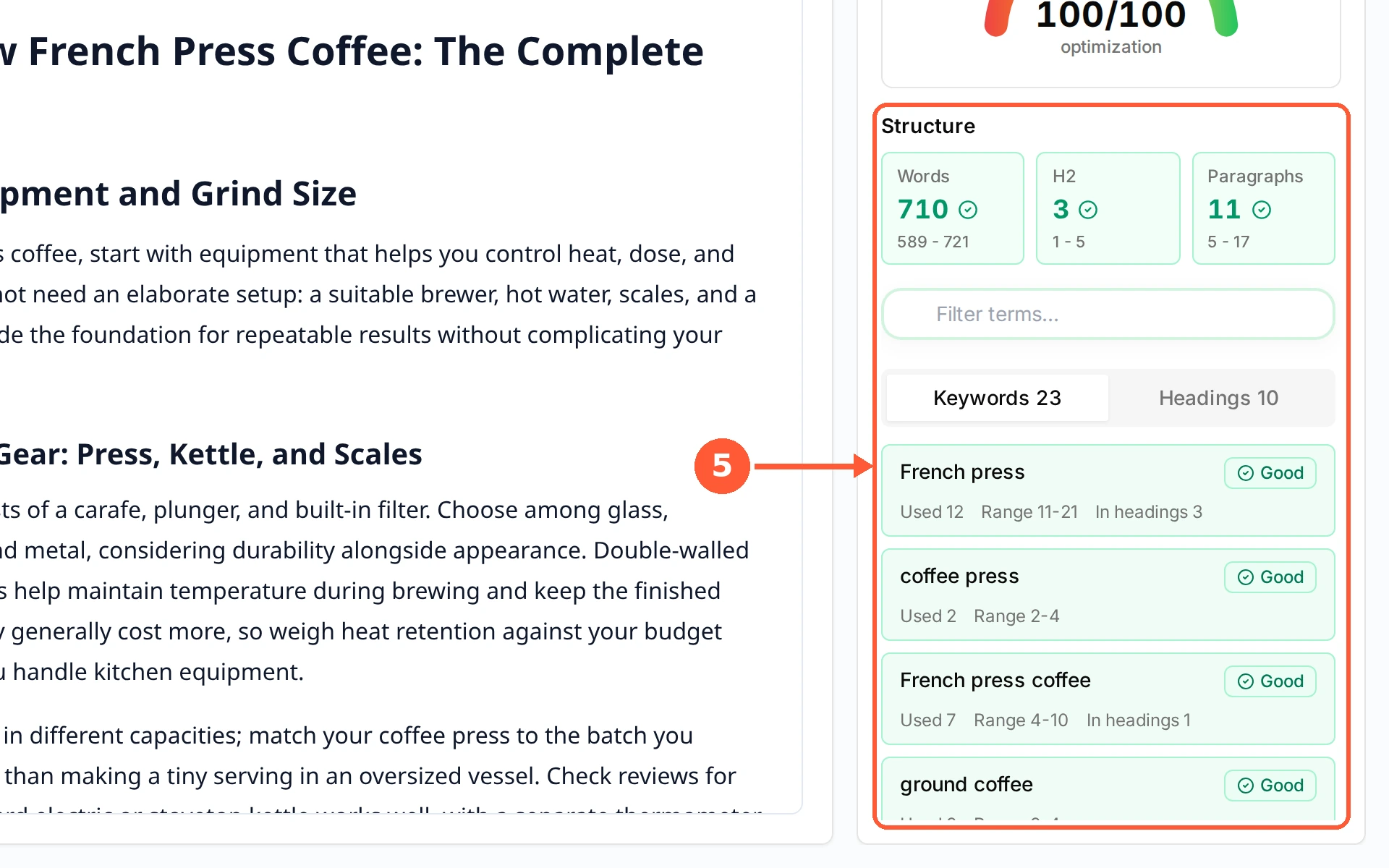 Step 5: Structure measures the article itself: Words, H2 headings and Paragraphs. Each shows your number with the range the winning pages sit in underneath, so you can tell at a glance what is short or overlong.