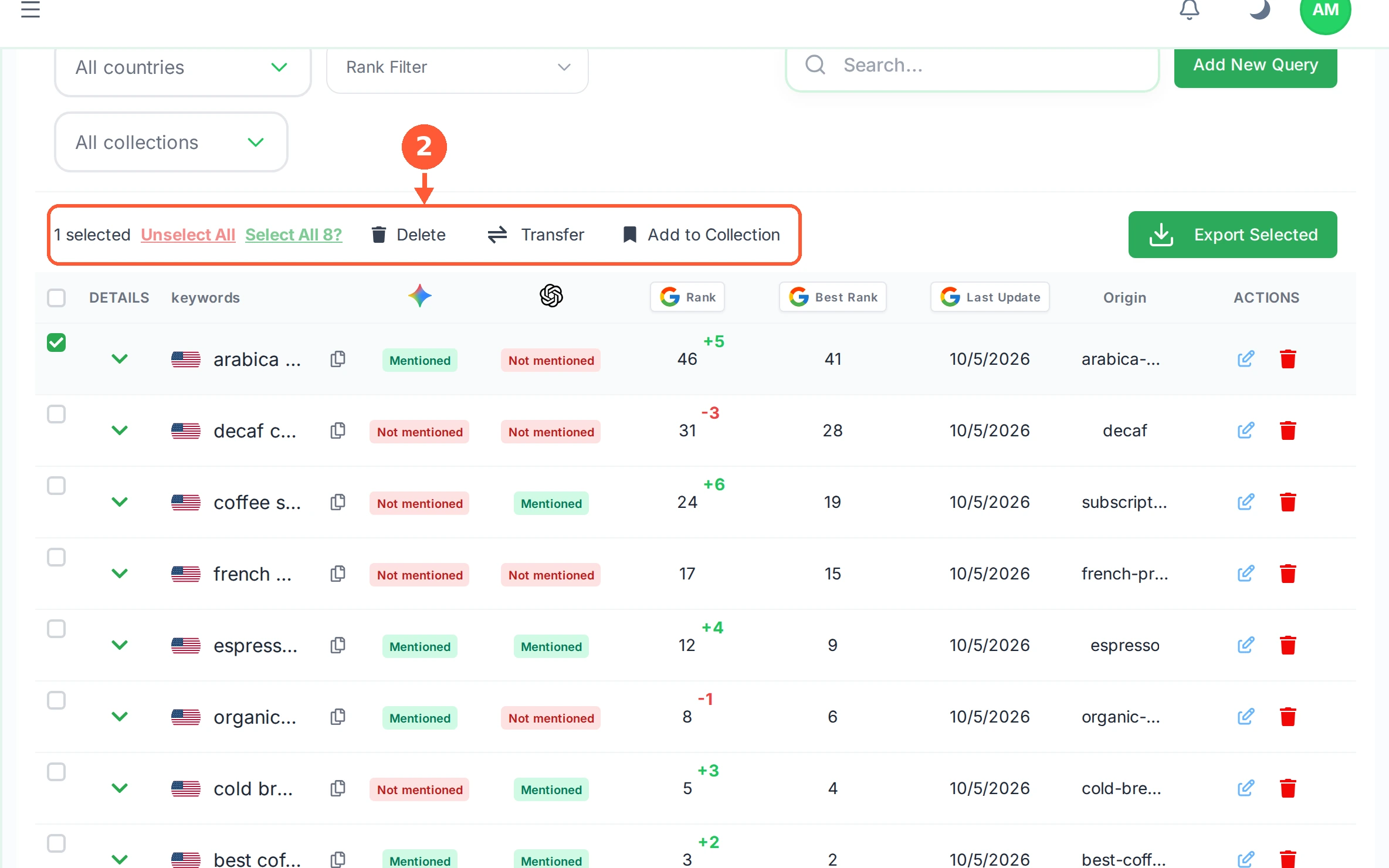Step 2: Select All takes every keyword that matches your current filters, not just the ones on this page.