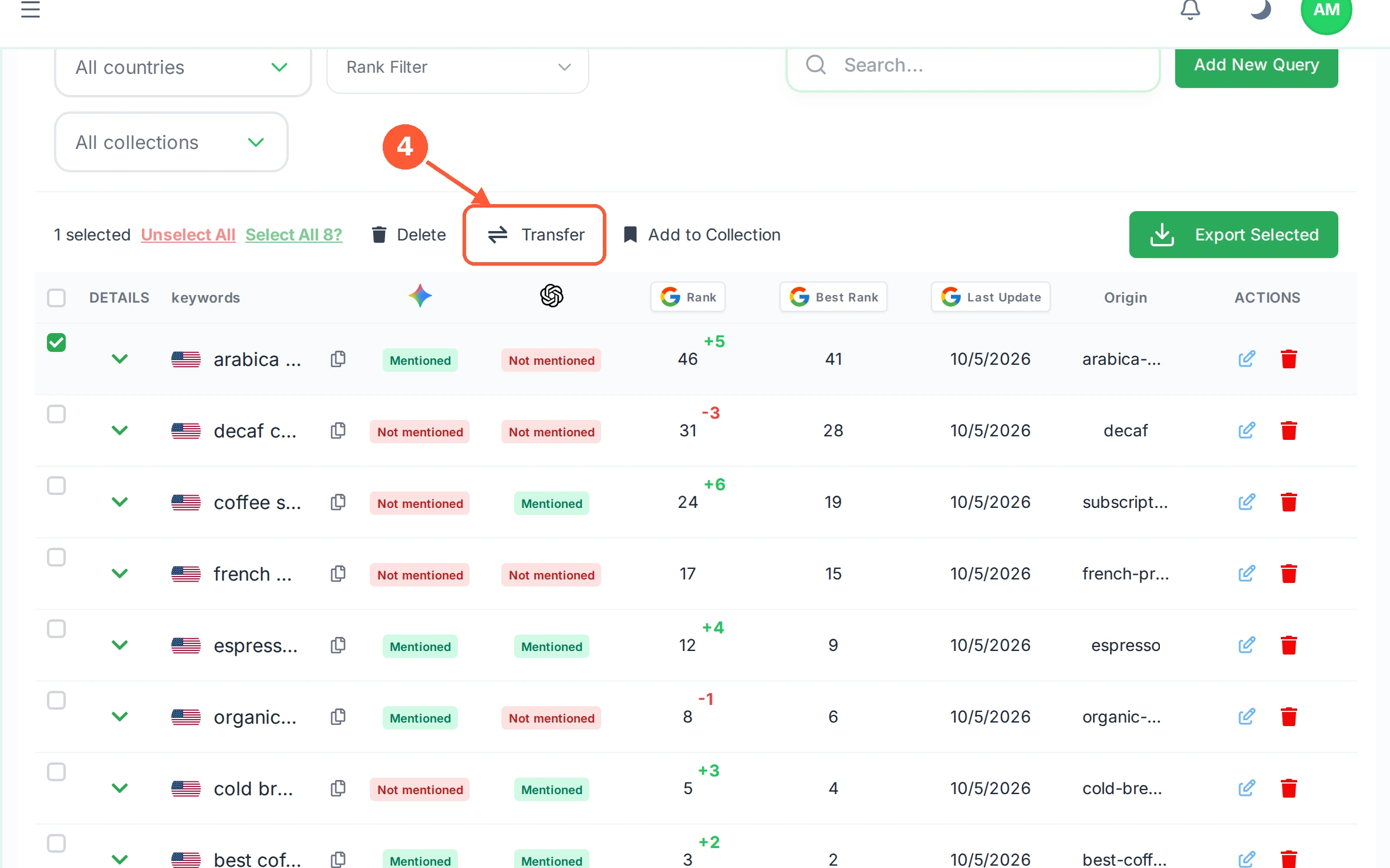 Step 4: Transfer moves them to another of your websites, which is useful when you add a keyword to the wrong site.