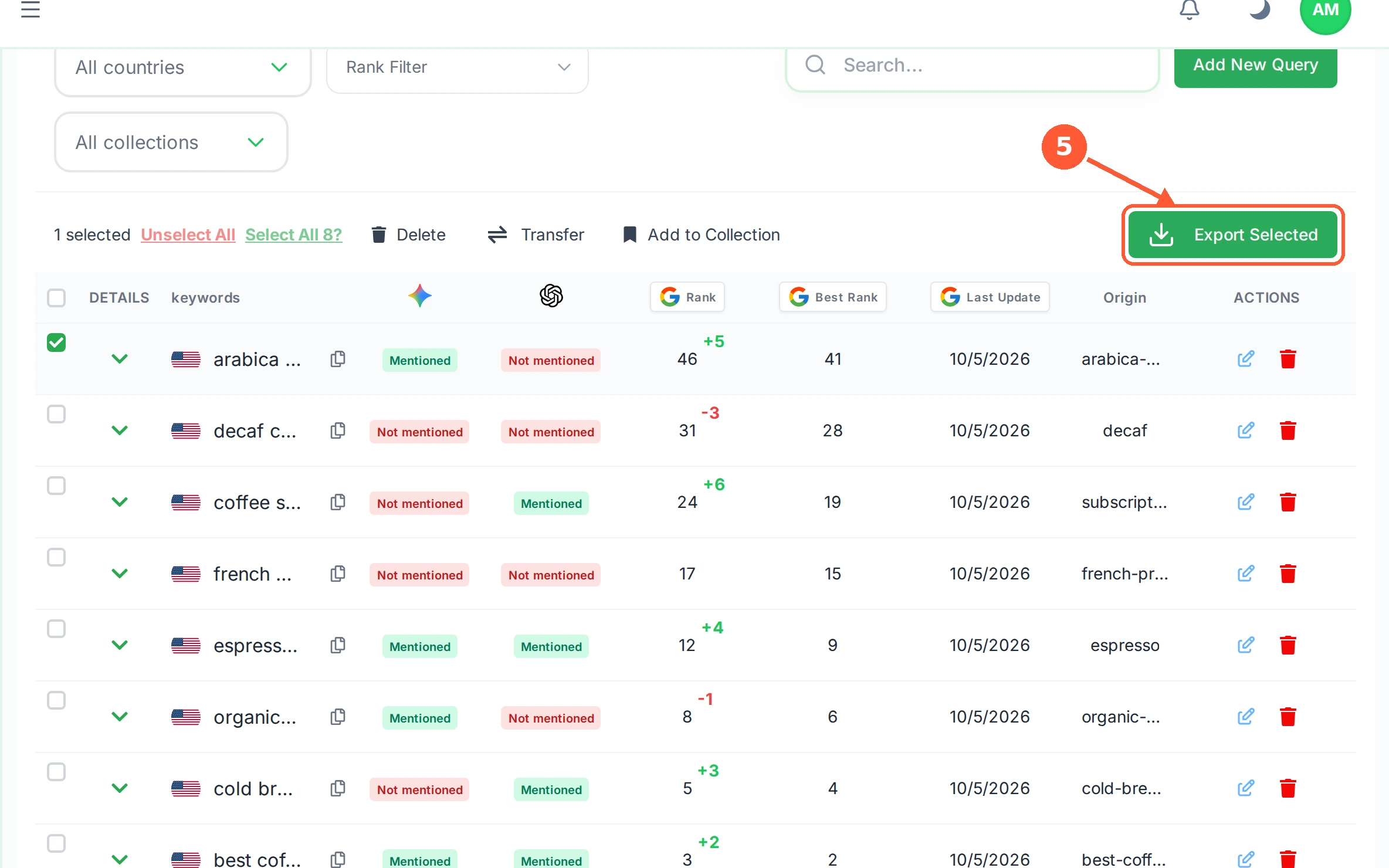 Step 5: Export Selected downloads only the rows you ticked, rather than the whole table.