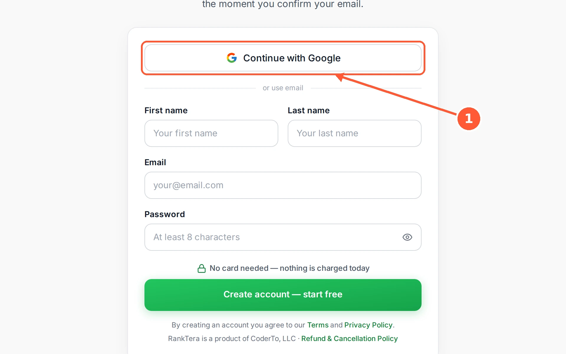 Step 1: Open the sign-up page. The quickest way in is Continue with Google, which uses the Google account you are already signed in to and skips the form entirely.