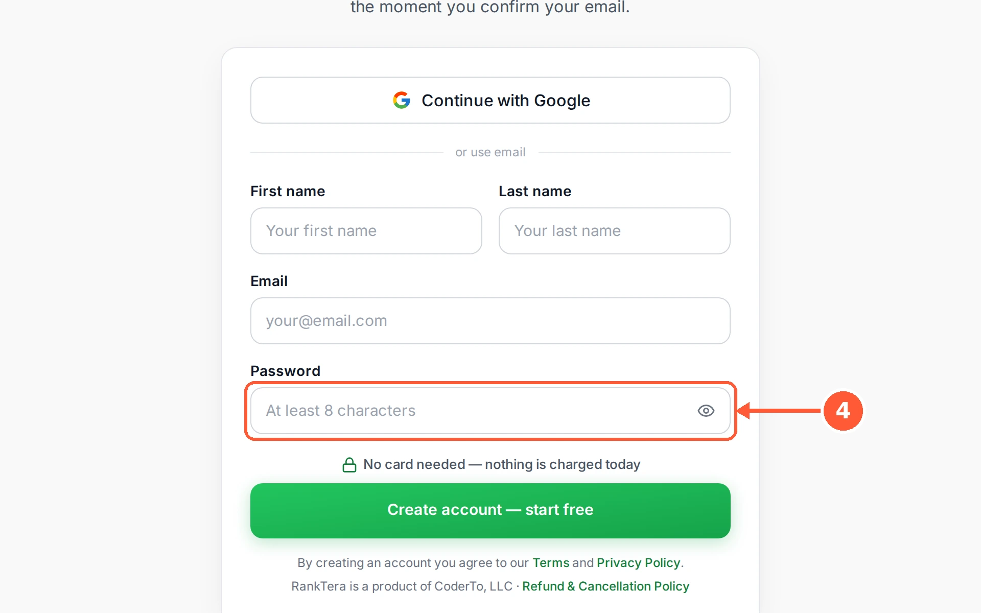 Step 4: Choose a Password of at least 8 characters. Nothing is charged today, and no card details are asked for anywhere on this page.