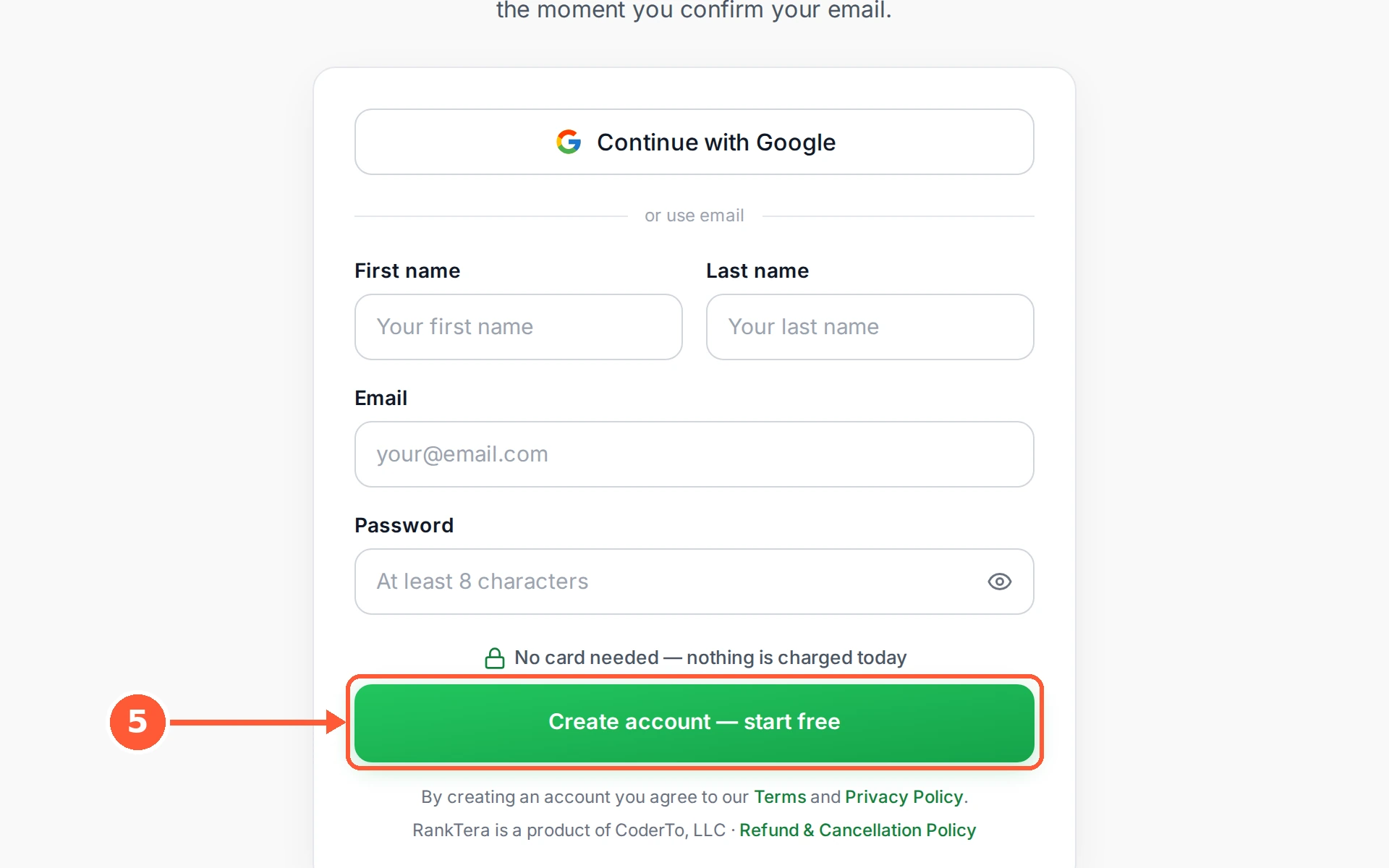 Step 5: Click Create account and RankTera emails you a confirmation link. Open that link and your free 14-day plan starts immediately.