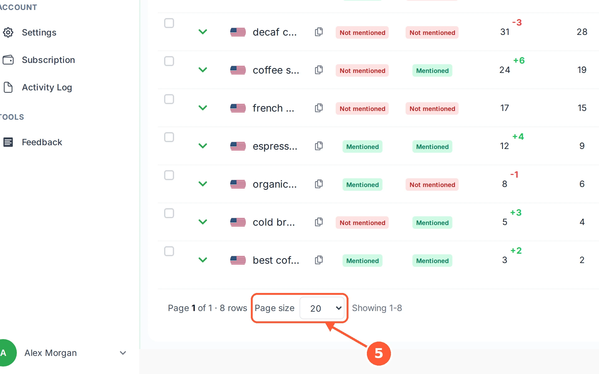 Step 5: Page size sets how many rows you see at once. Raise it to scan a long list, lower it to keep the page quick.