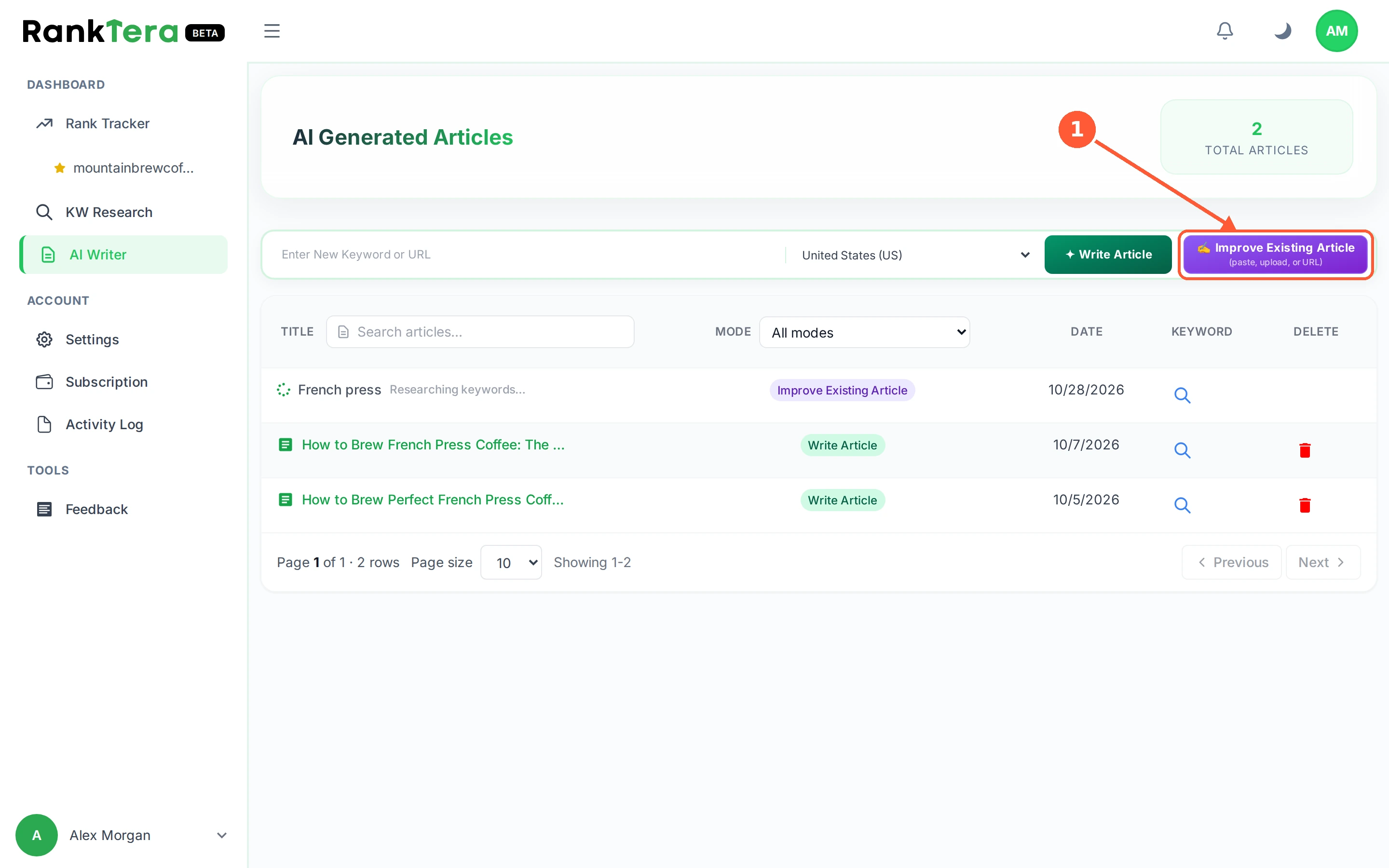 Step 1: In AI Writer, click Improve Existing Article.