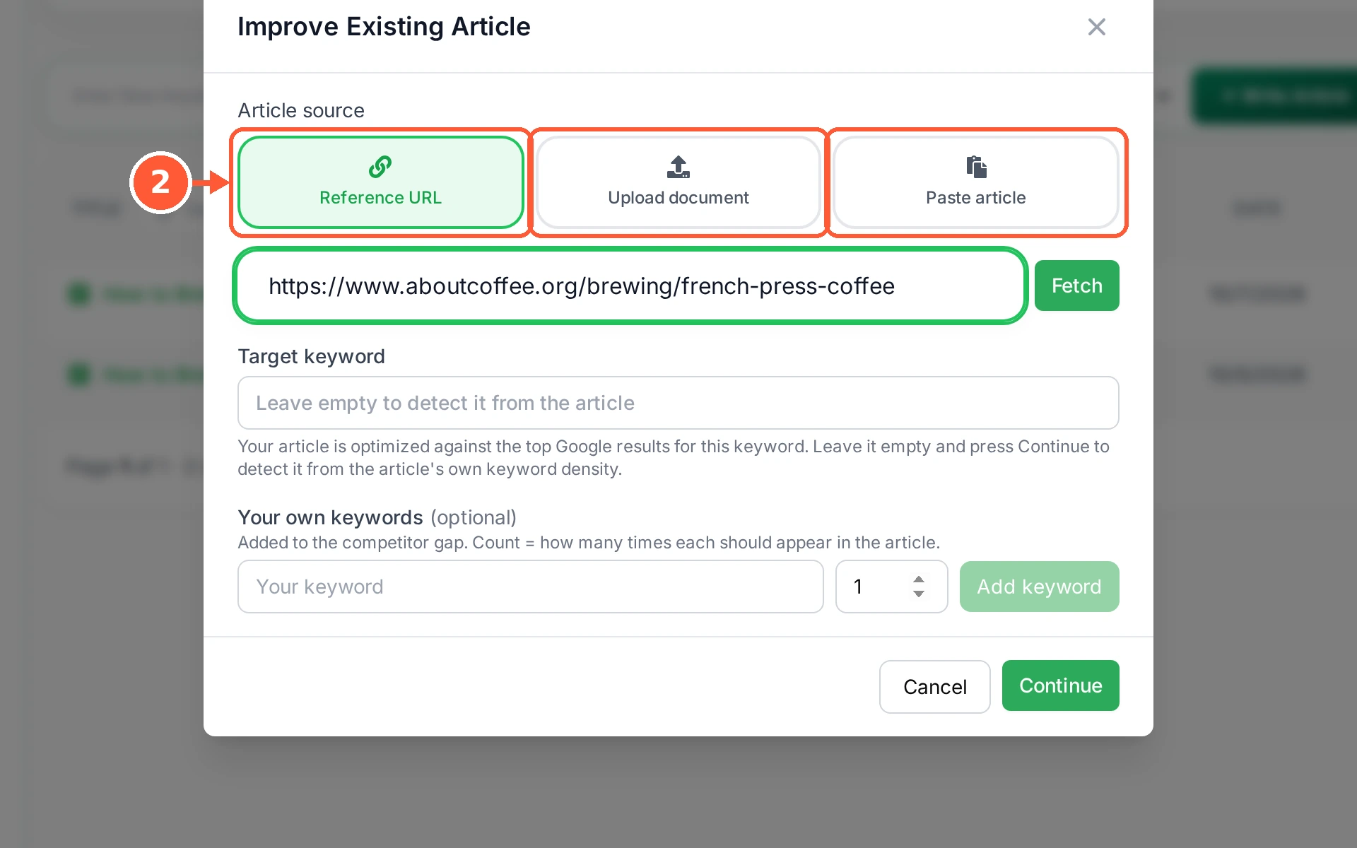 Step 2: Choose how to hand the article over: Reference URL to fetch a live page, Upload document for a file, or Paste article to drop the text straight in.