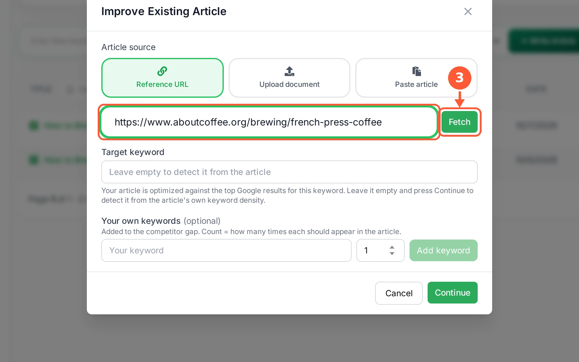Step 3: For a URL, paste the address and click Fetch. RankTera pulls the text down for you.