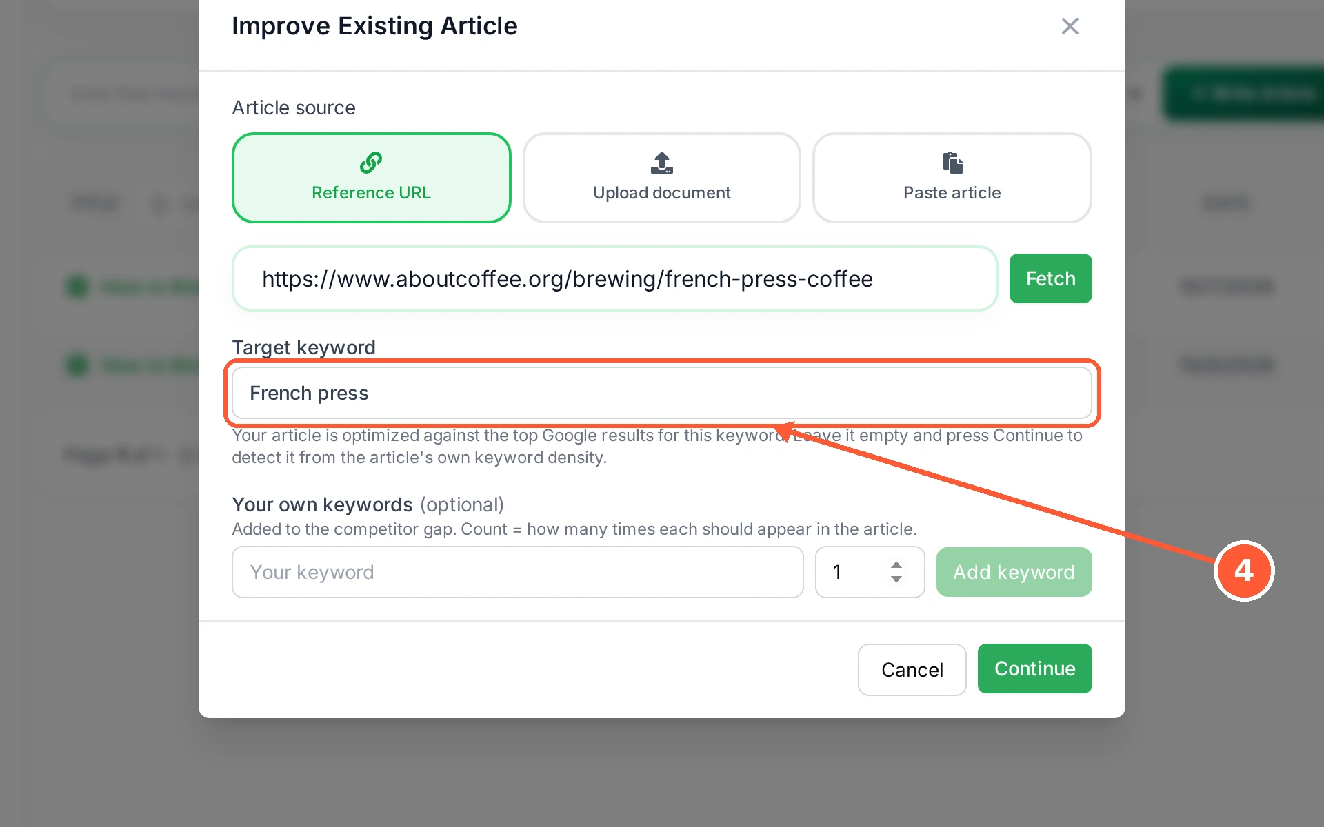 Step 4: Set the Target keyword you want the page to win. Leave it empty and RankTera works it out from the article itself.