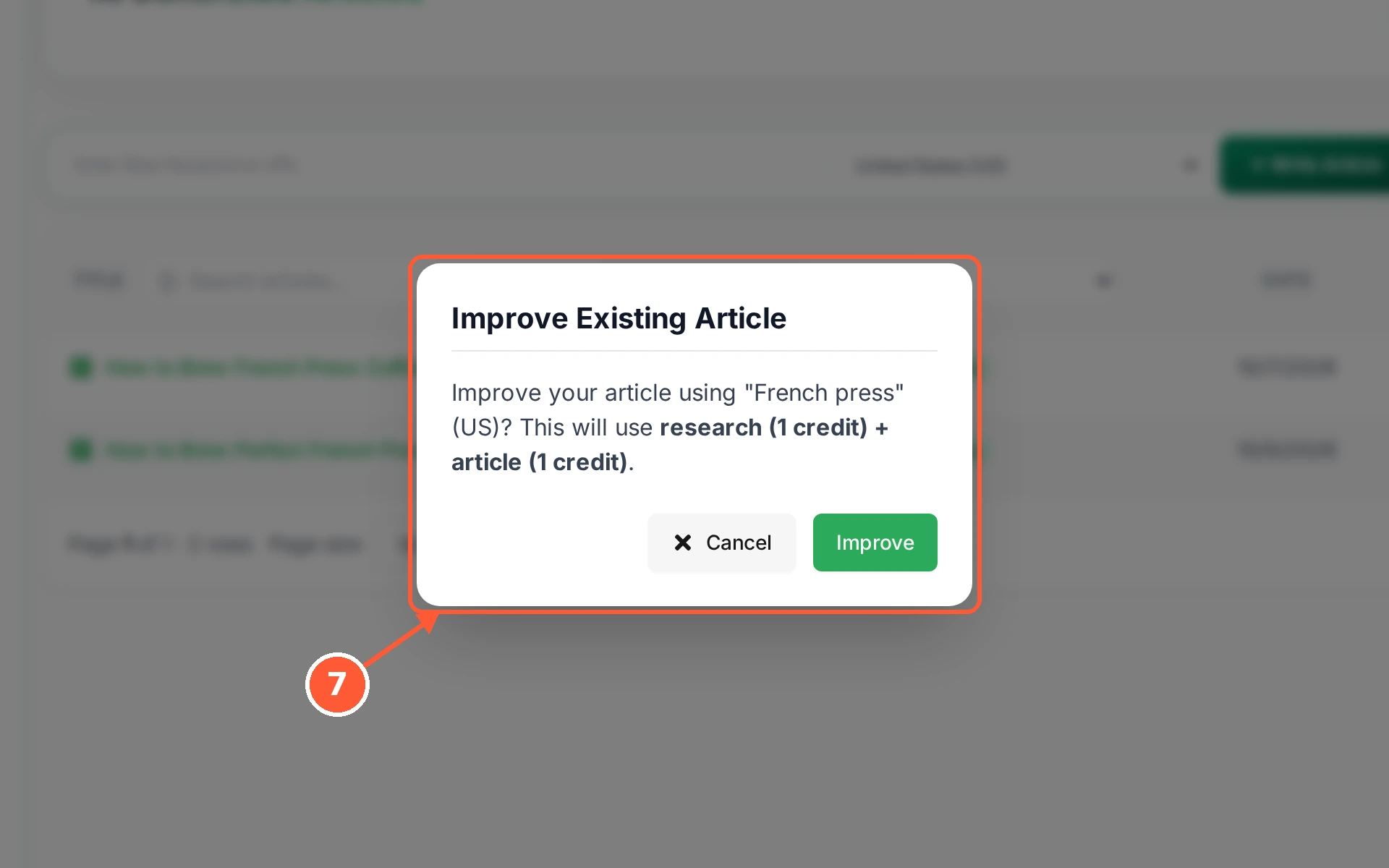 Step 7: RankTera confirms the keyword it will aim at and what the job costs: one research credit plus one article credit. Click Improve to start it.