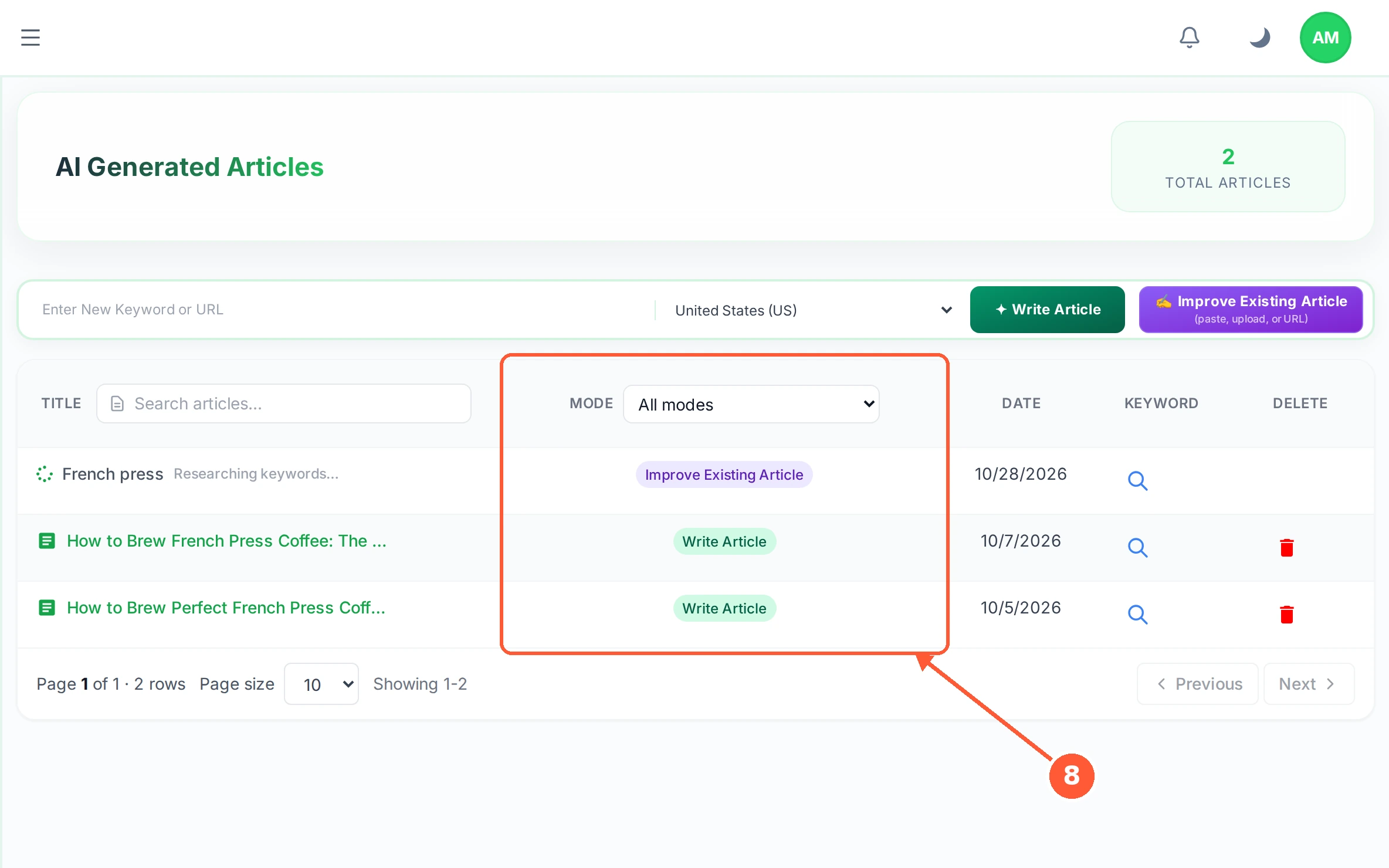 Step 8: The job joins your list straight away with Improve Existing Article in the MODE column, and tells you what it is doing while it works. When it finishes, click it to open the Article Workspace.