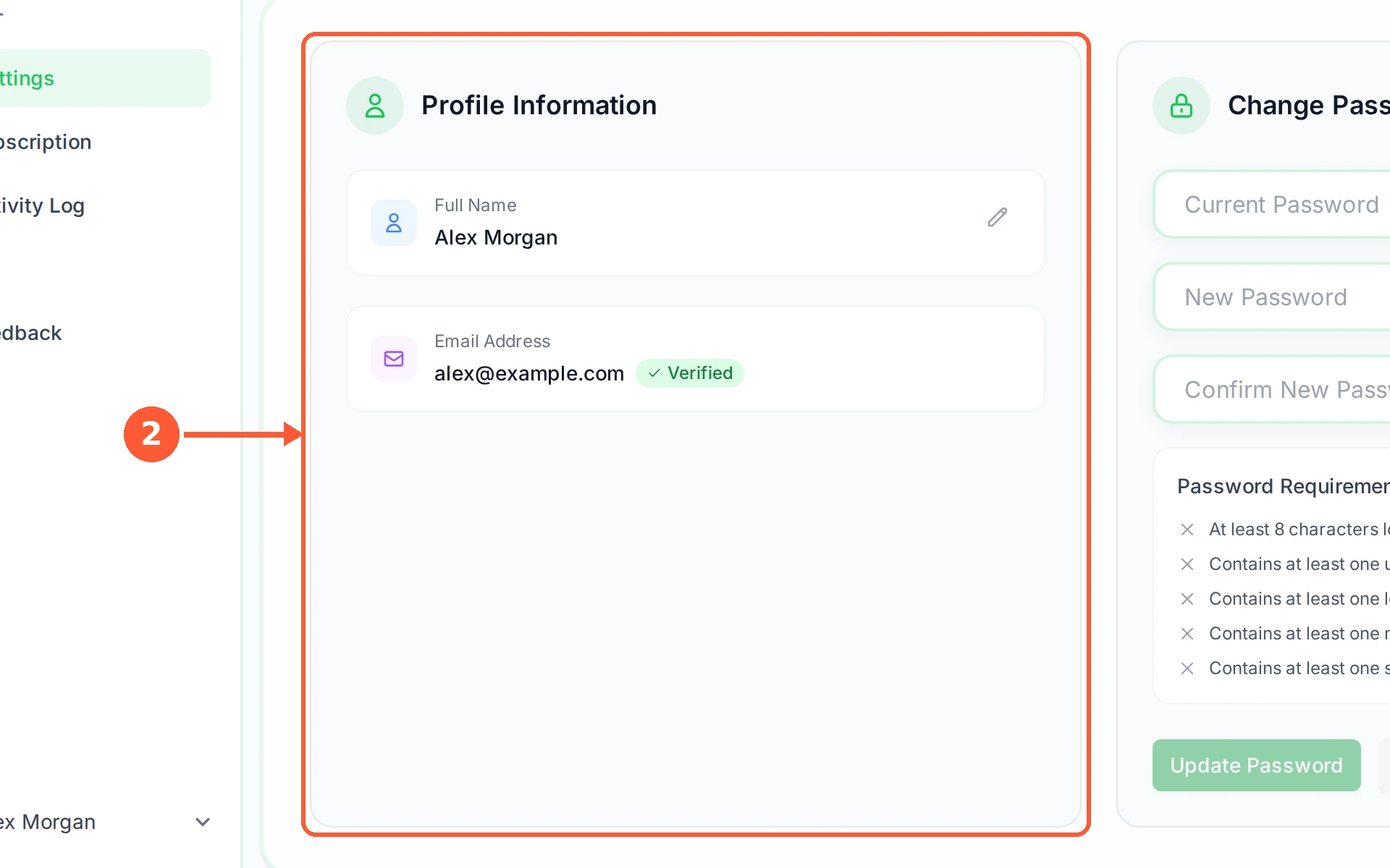 Step 2: Profile Information holds your Full Name and your Email Address, with a Verified mark once you have confirmed it.