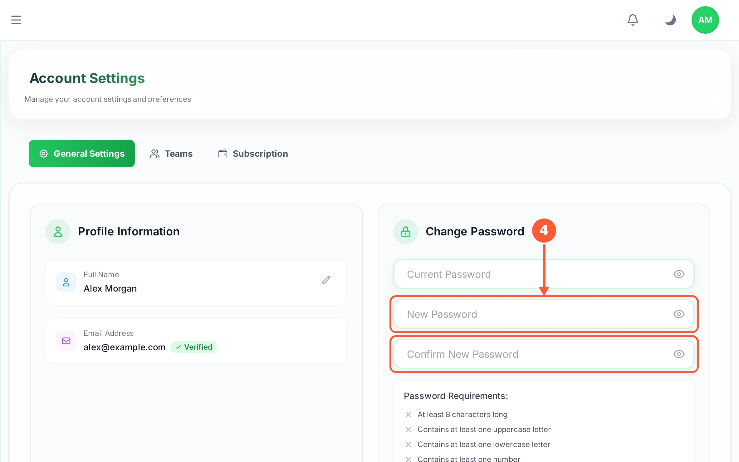 Step 4: Enter the new one twice, into New Password and Confirm New Password. The requirements listed beside the form must all be met.