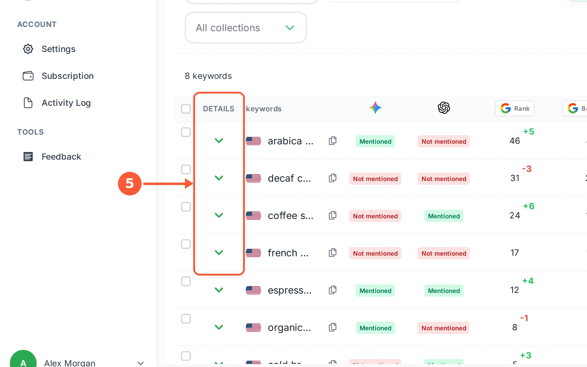 Step 5: Click the arrow in DETAILS to open a keyword and see the actual pages Google, Gemini and ChatGPT returned for it.