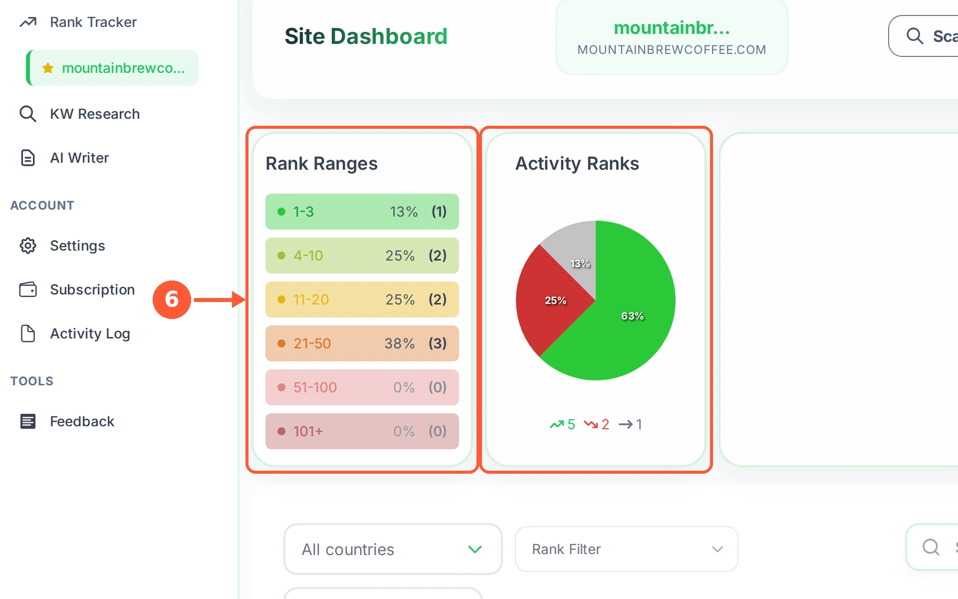 Step 6: Rank Ranges and Activity Ranks at the top summarise the whole site: how many keywords sit on page one, and how many moved up, down or not at all.