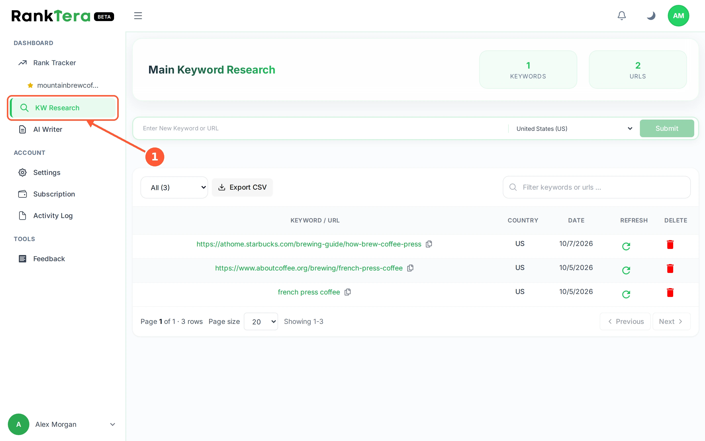Step 1: In the left menu open KW Research.