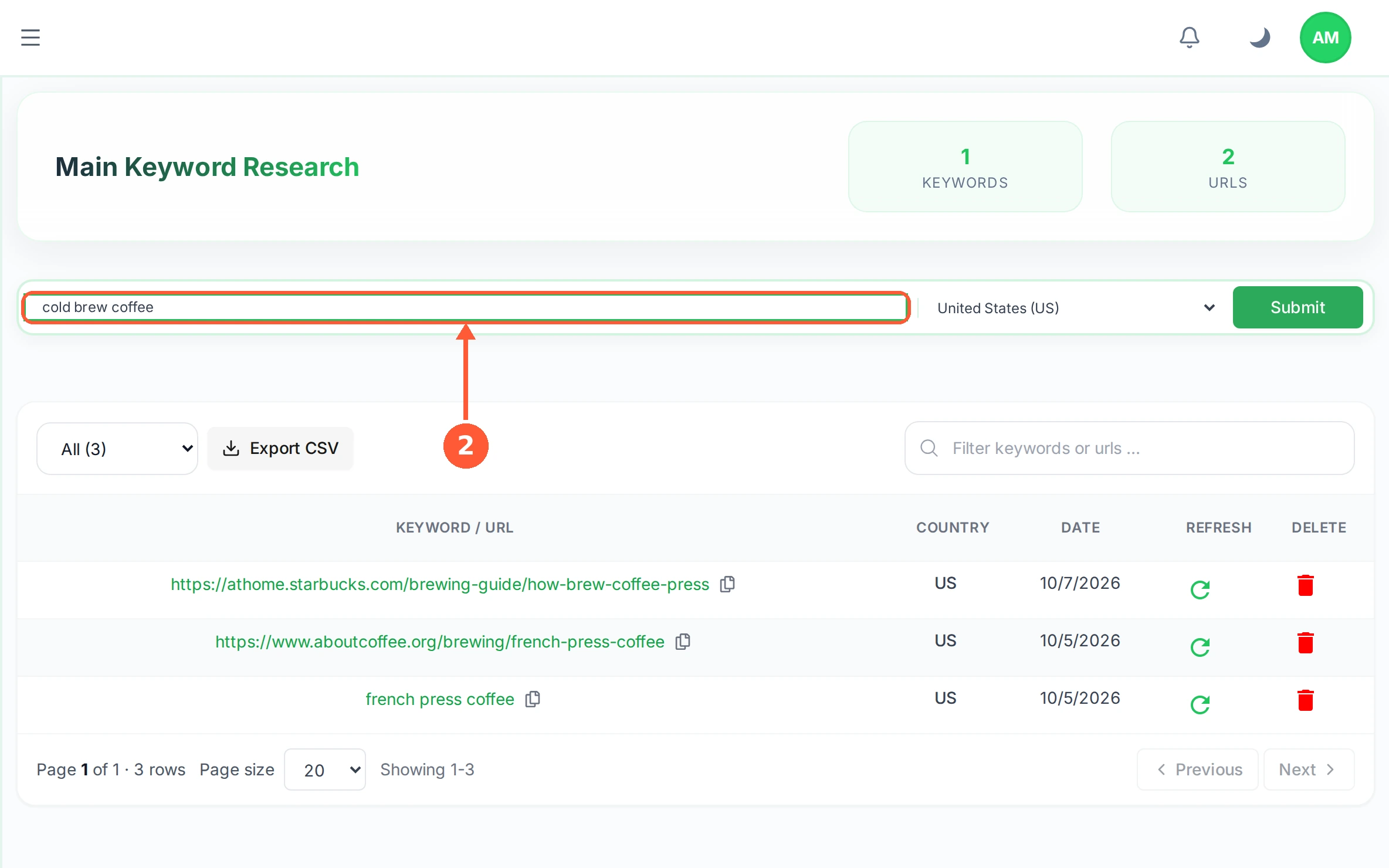 Step 2: Type what you want to rank for into Enter New Keyword or URL. A full web address works too, if you would rather pull apart one specific page.