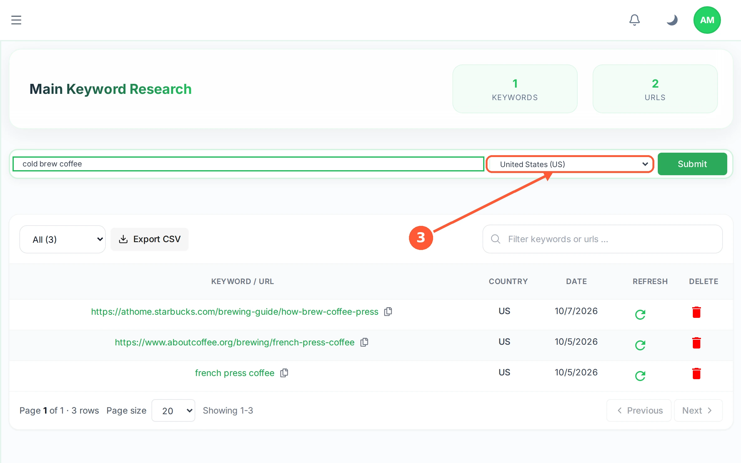 Step 3: Pick the country to research from, since the winning pages differ from place to place.
