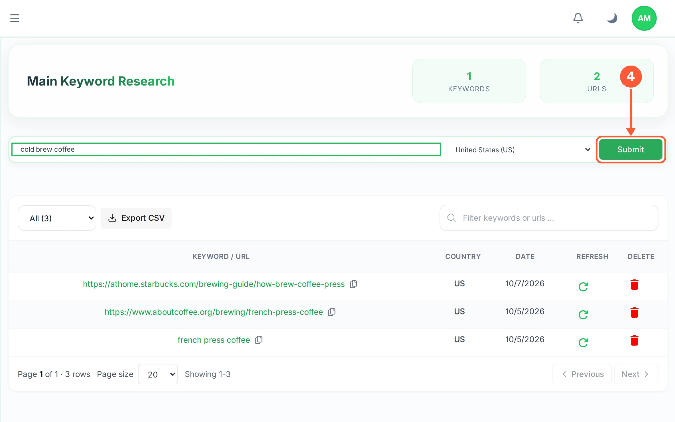 Step 4: Click Submit. RankTera fetches the pages that rank for that keyword and reads every one of them.