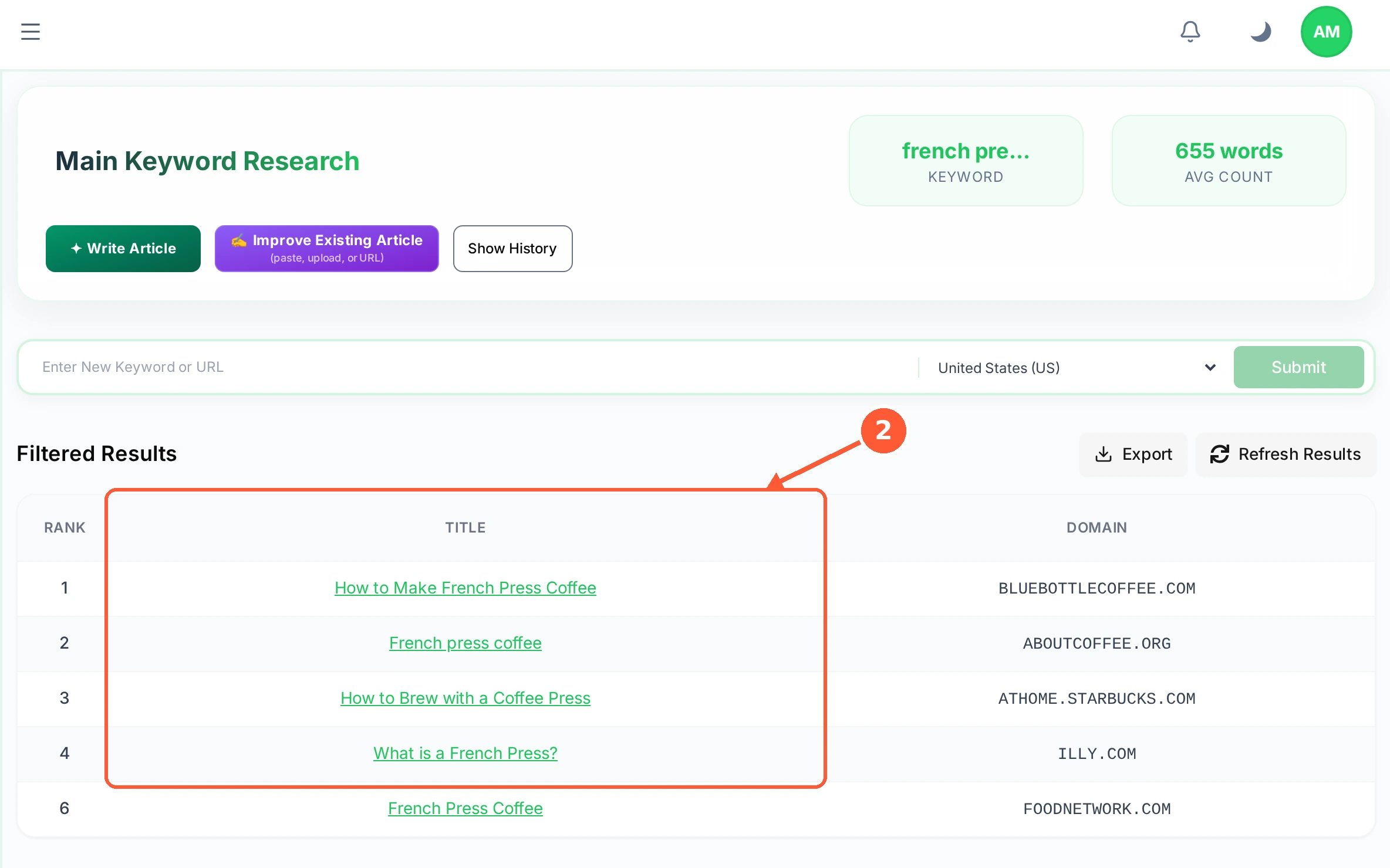 Step 2: Filtered Results lists the pages that rank, in order: their RANK, their TITLE and their DOMAIN.