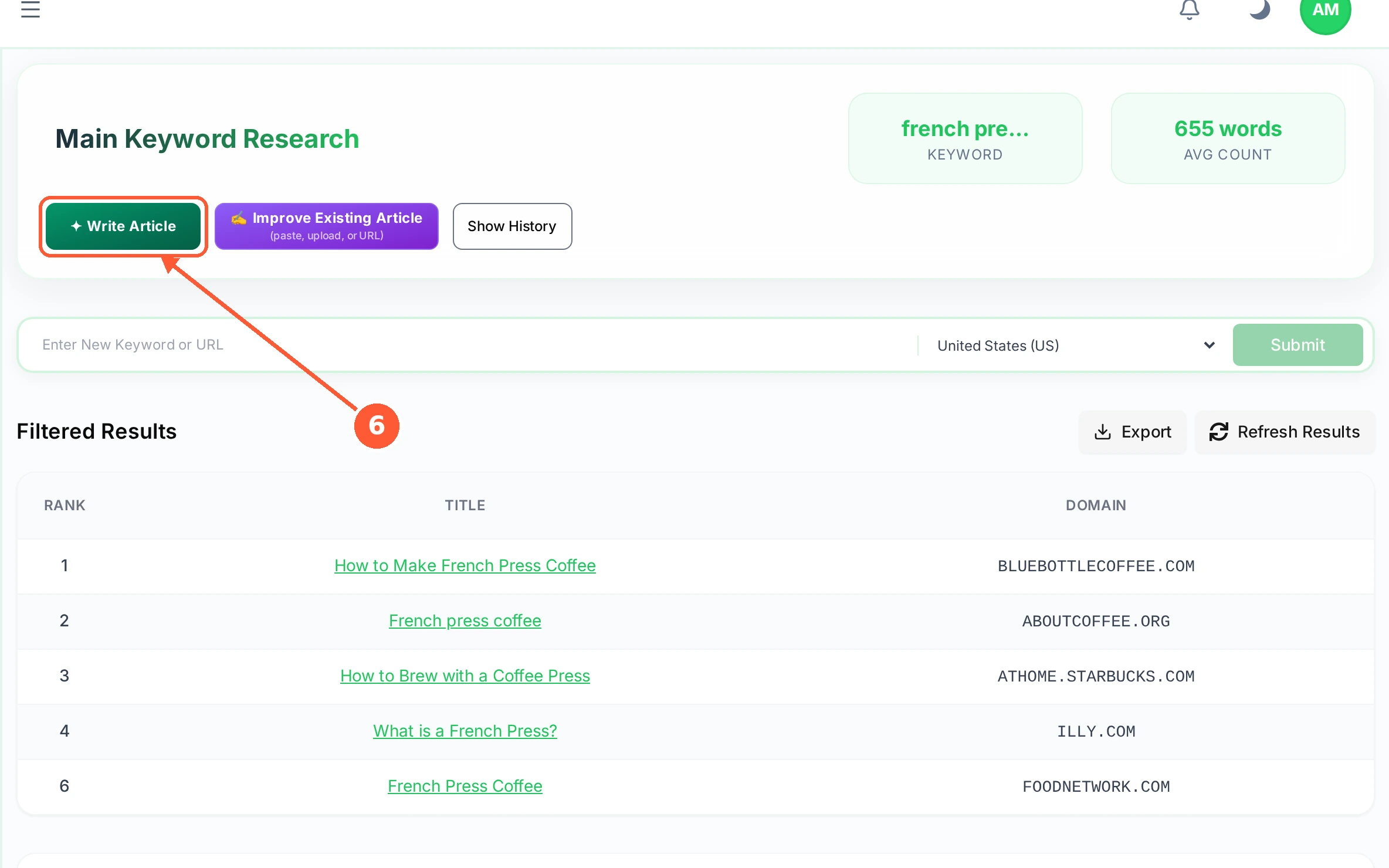 Step 6: What you leave ticked is what the AI Writer aims for, so this screen is where you steer the article before it is written.