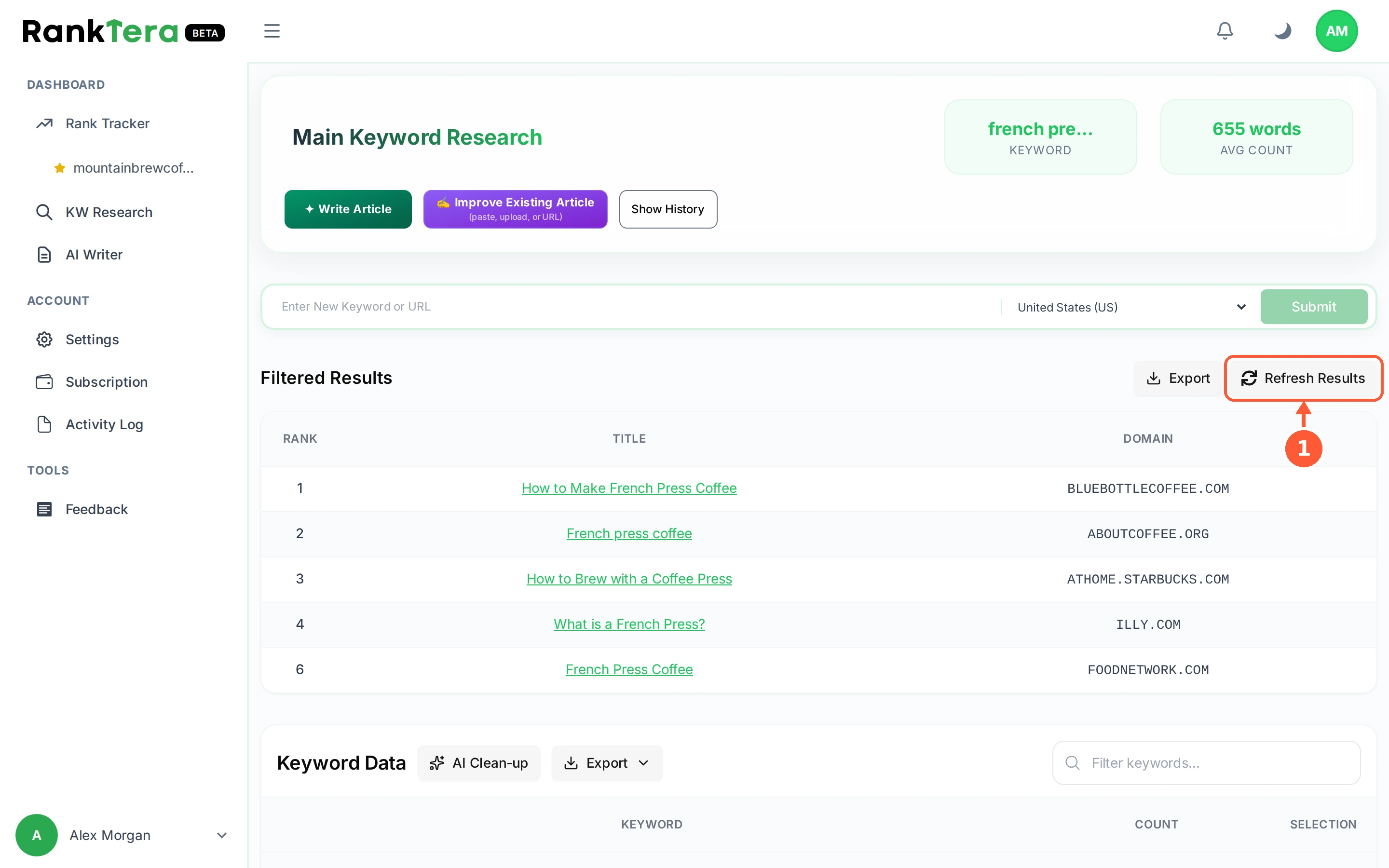 Step 1: Refresh Results runs the research again against today's search results, which matters when the page you are chasing has changed.