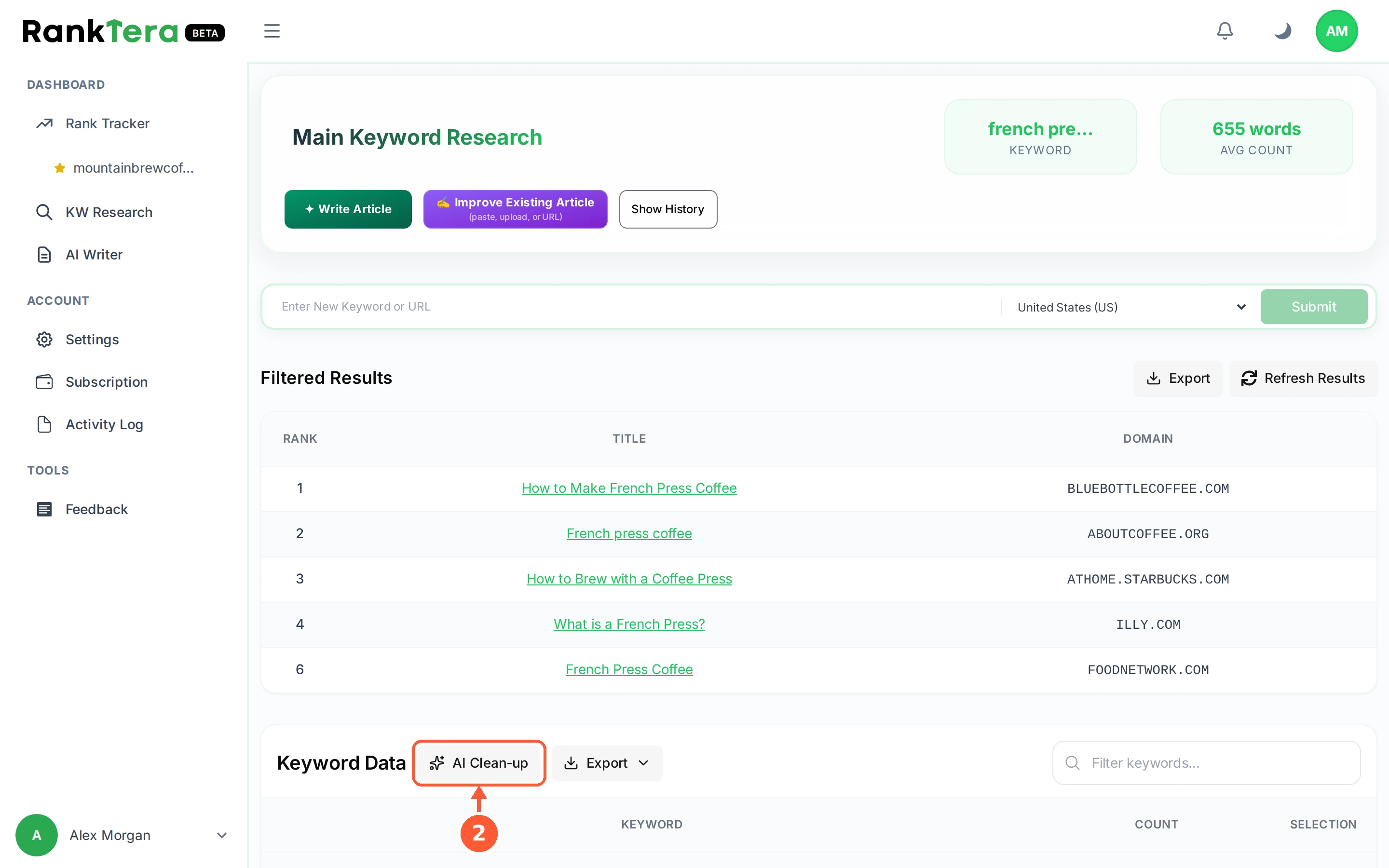 Step 2: AI Clean-up goes through the term list and drops the ones that are off topic, so you do not have to untick them by hand.