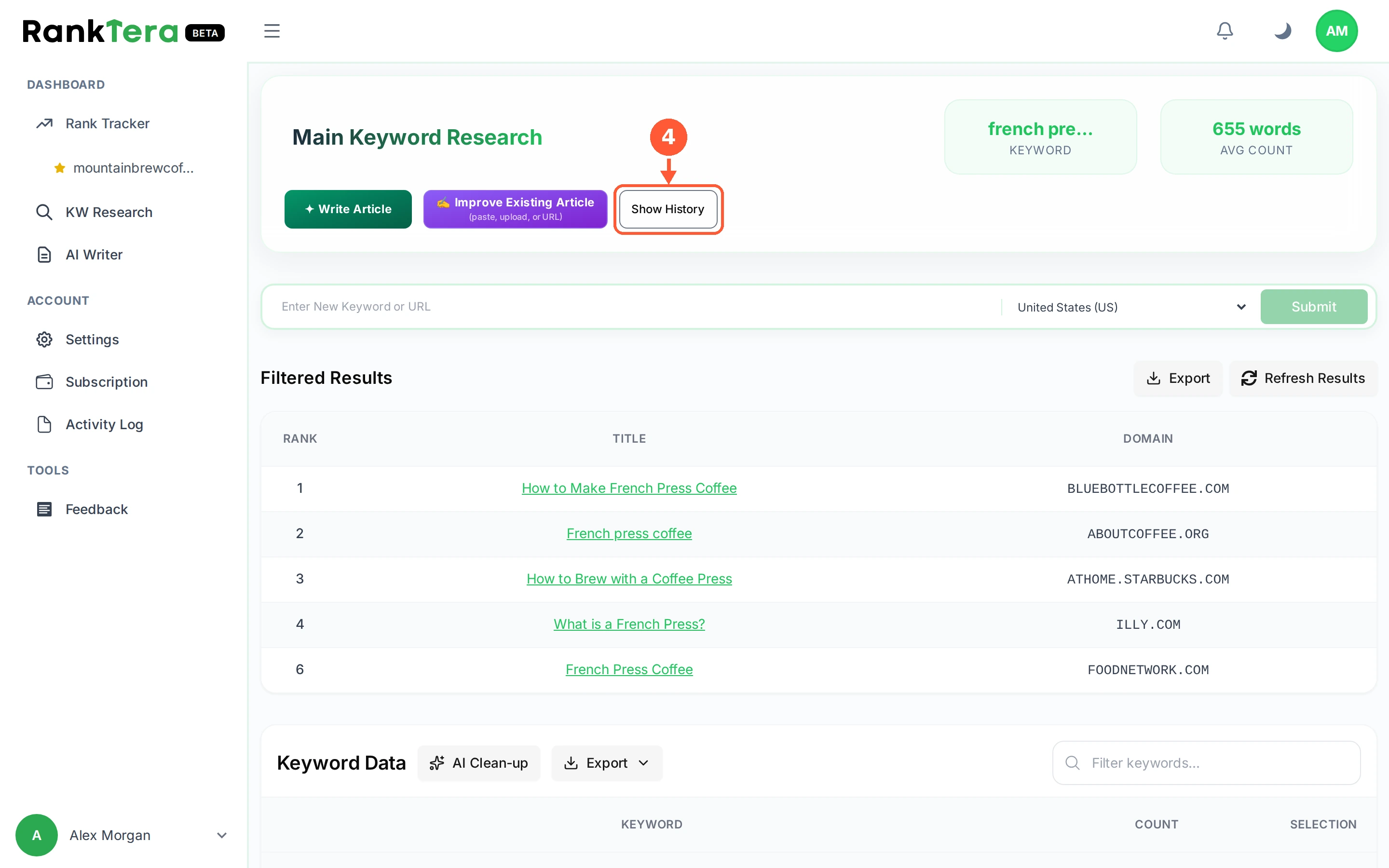 Step 4: Show History brings back earlier runs of the same keyword, so you can see how the winning pages have changed.