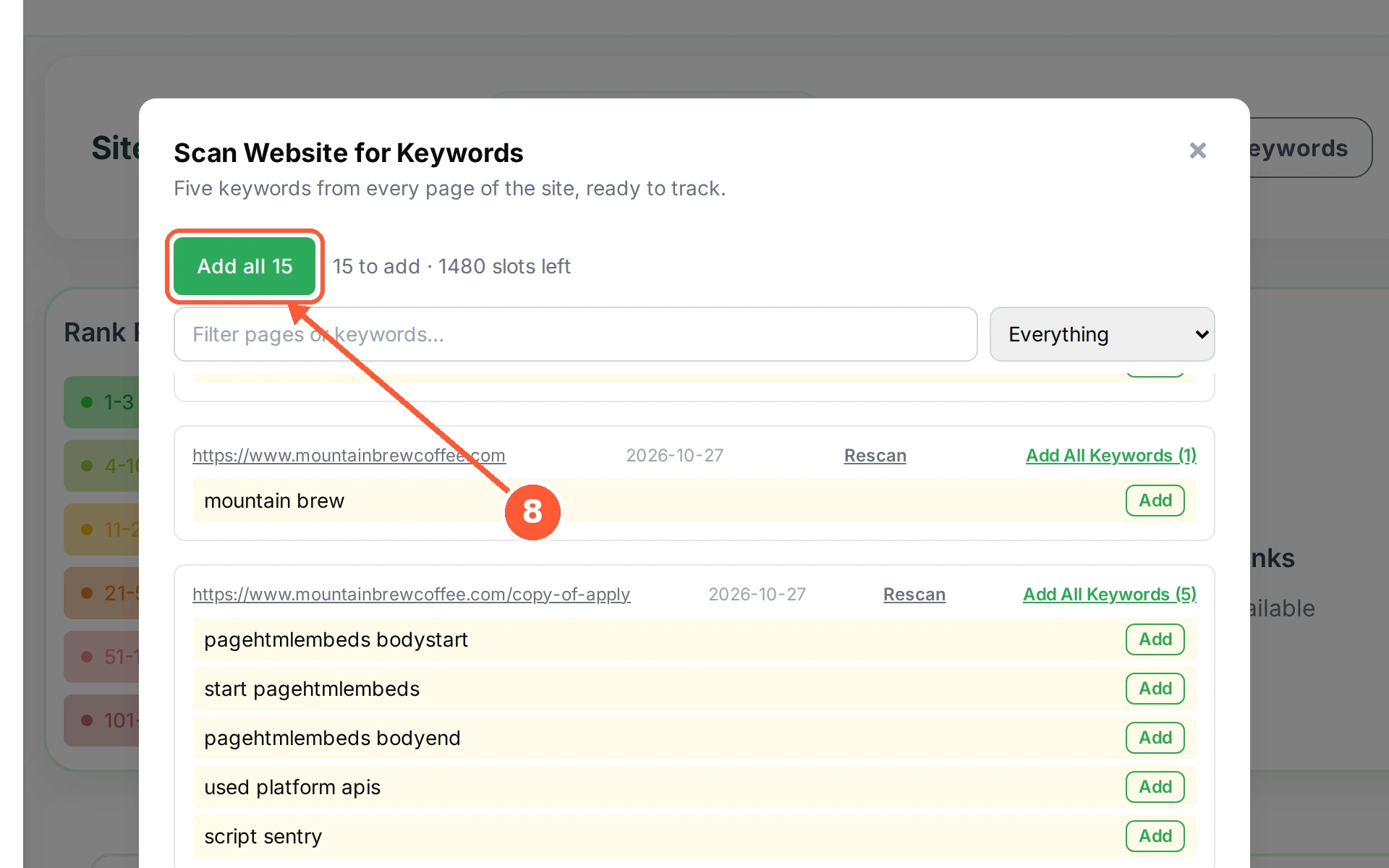 Step 8: Add all at the top adds every suggestion at once, and the count beside it shows how many tracker slots you have left. The menu next to the filter box narrows the list to To add, Already tracked or Could not be read.