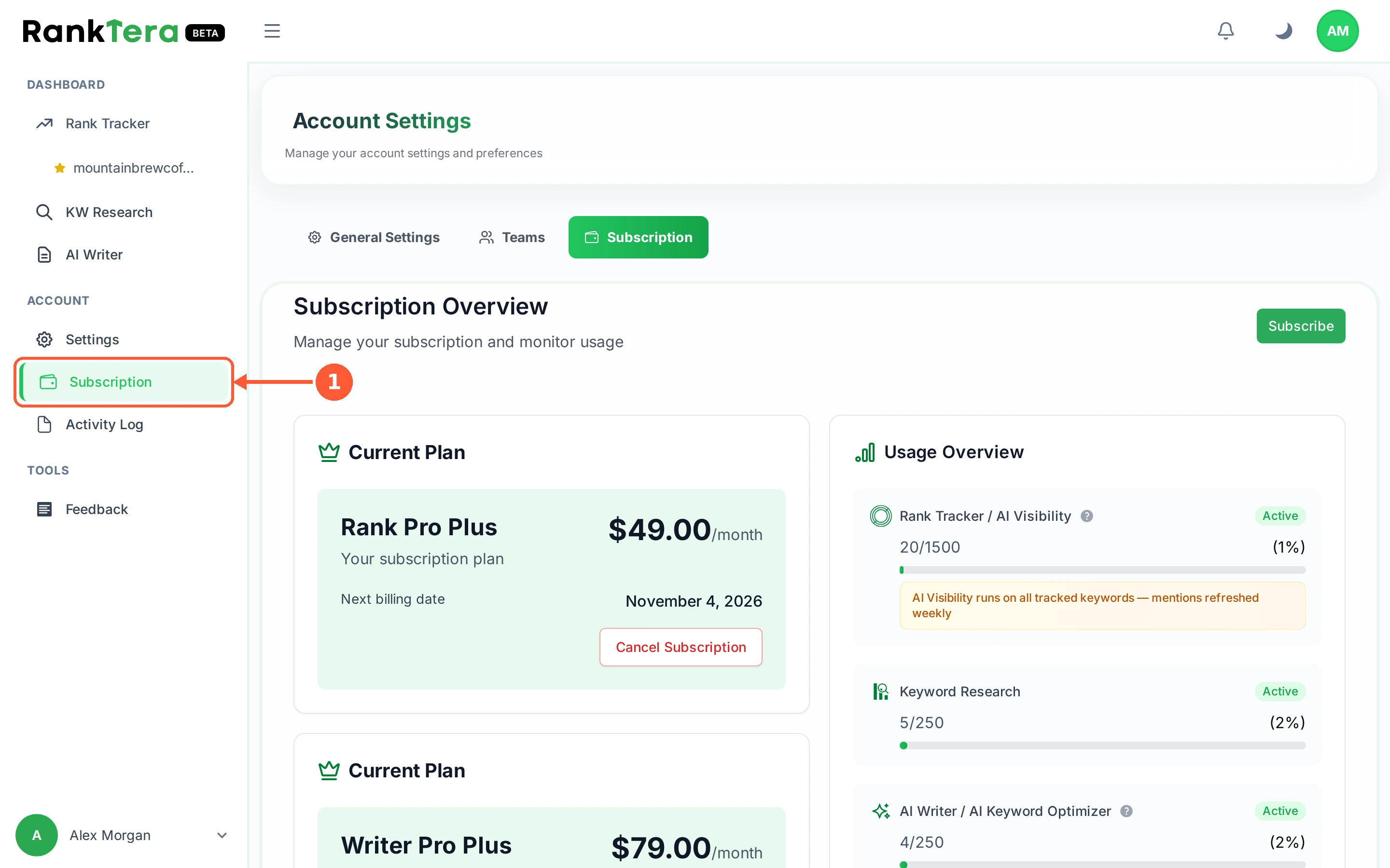 Step 1: In the left menu open Subscription, or the Subscription tab inside Settings.