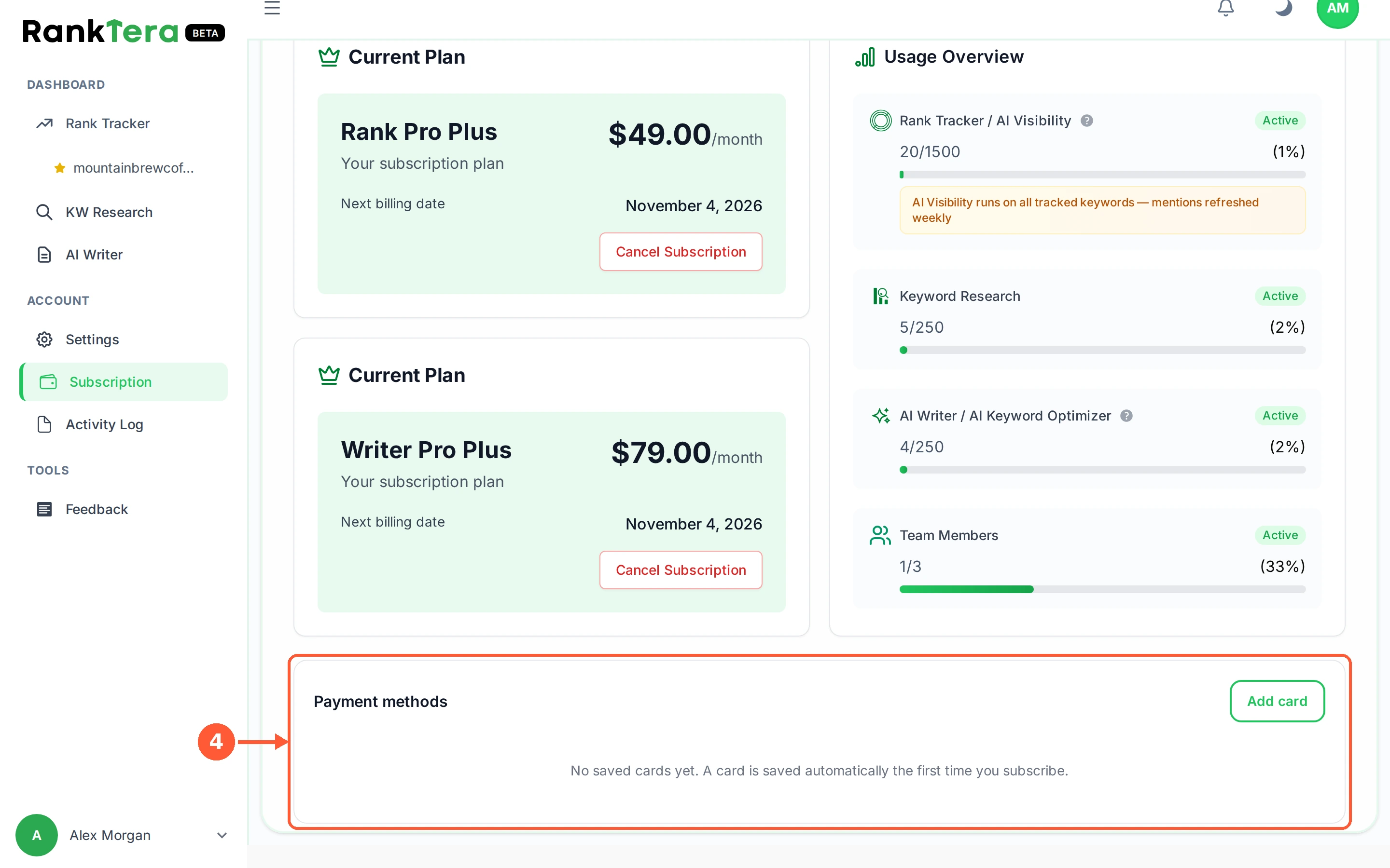Step 4: Payment methods lists your saved cards. A card is saved automatically the first time you pay, and Add card adds another.