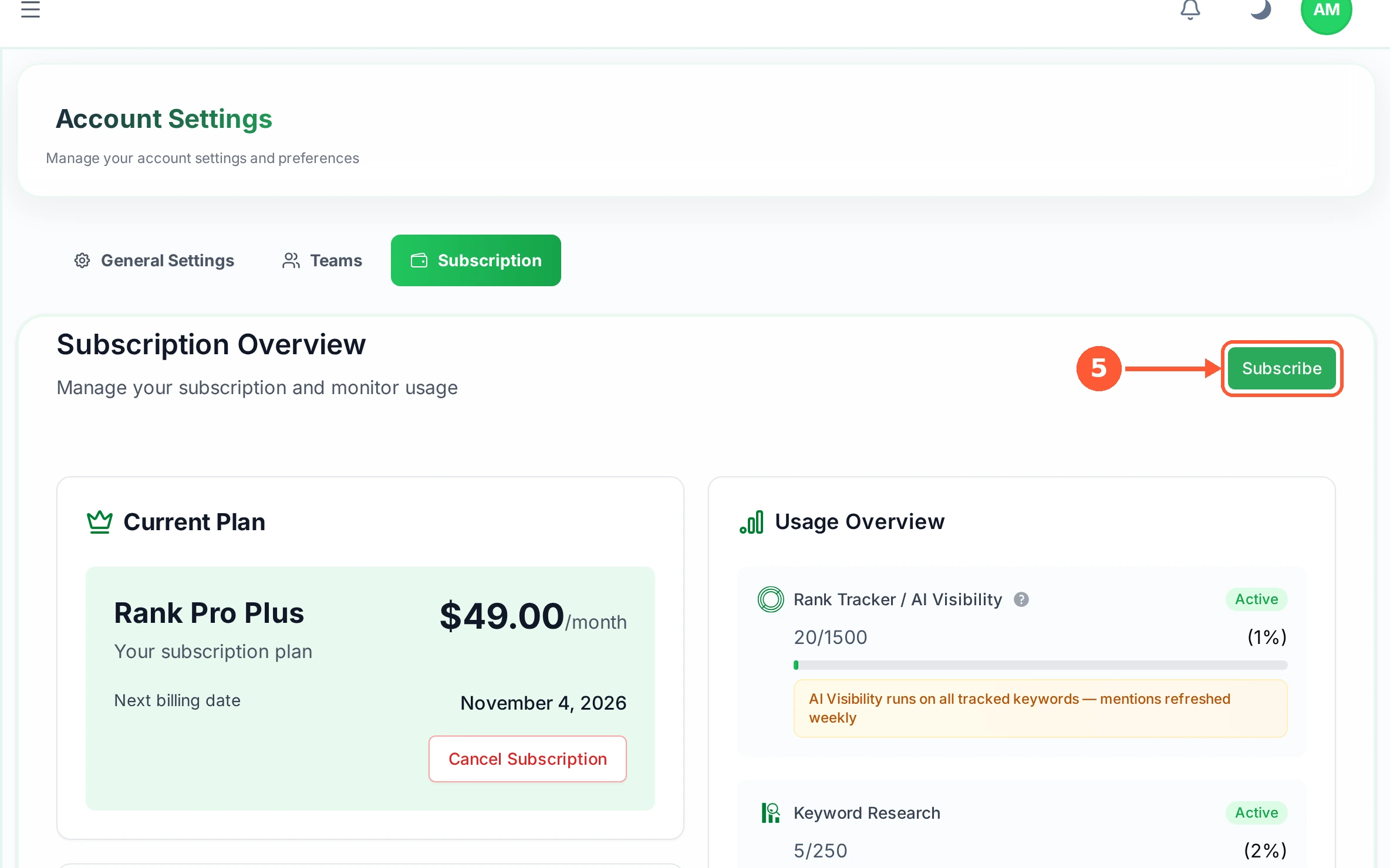 Step 5: Subscribe takes you to the plan chooser when you want more allowance.