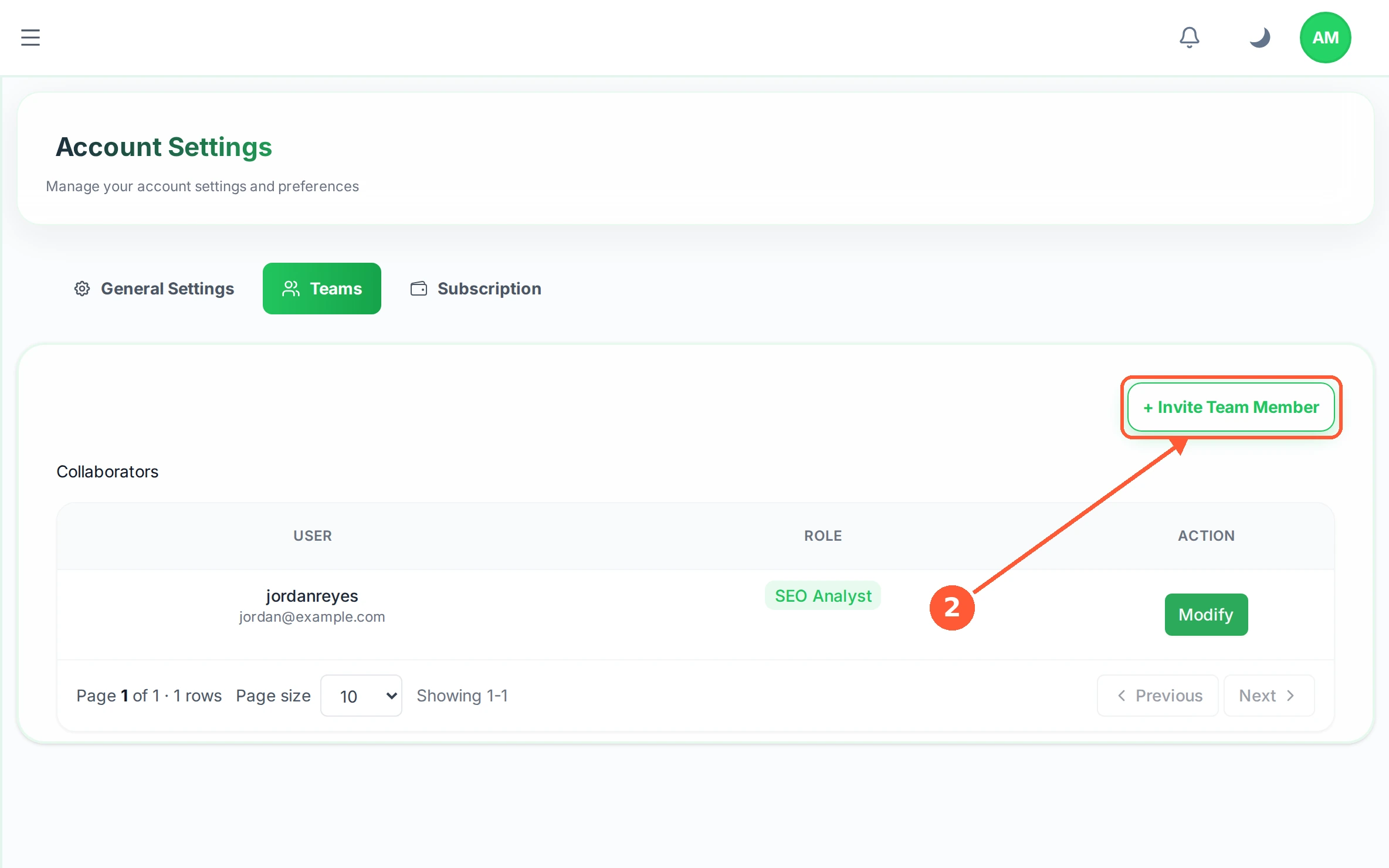 Step 2: Click Invite Your First Team Member, or Invite once you already have some.