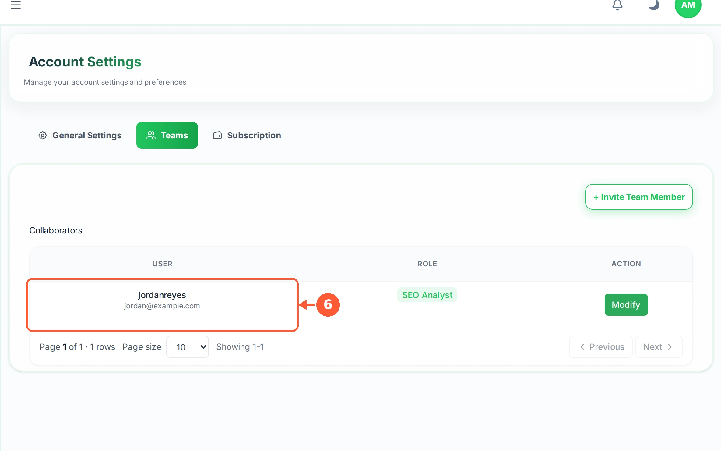 Step 6: Your team list shows everyone you have invited, with their role, so you can change or remove access later.