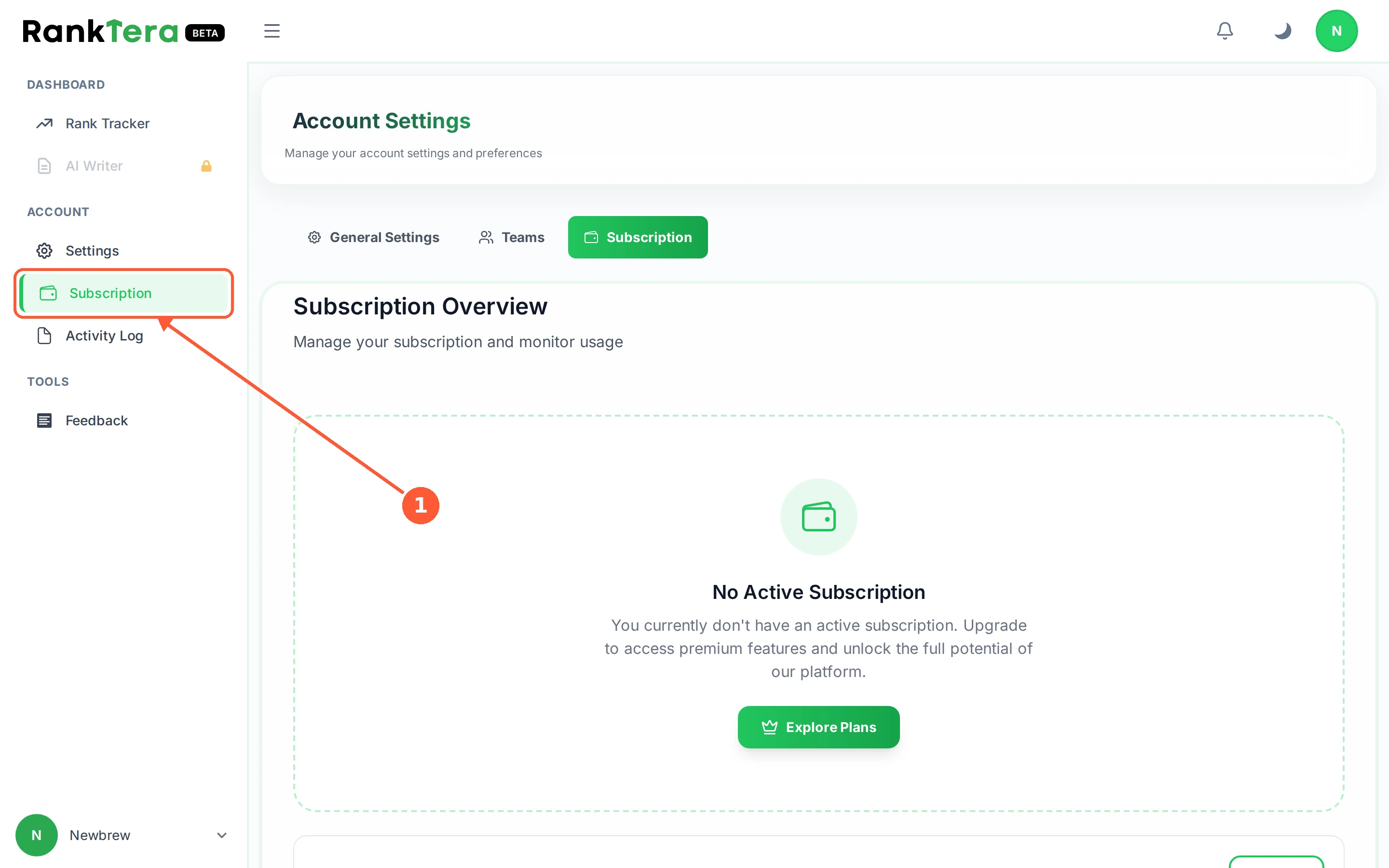 Step 1: In the left menu open Subscription, then click Subscribe to open the plan chooser.