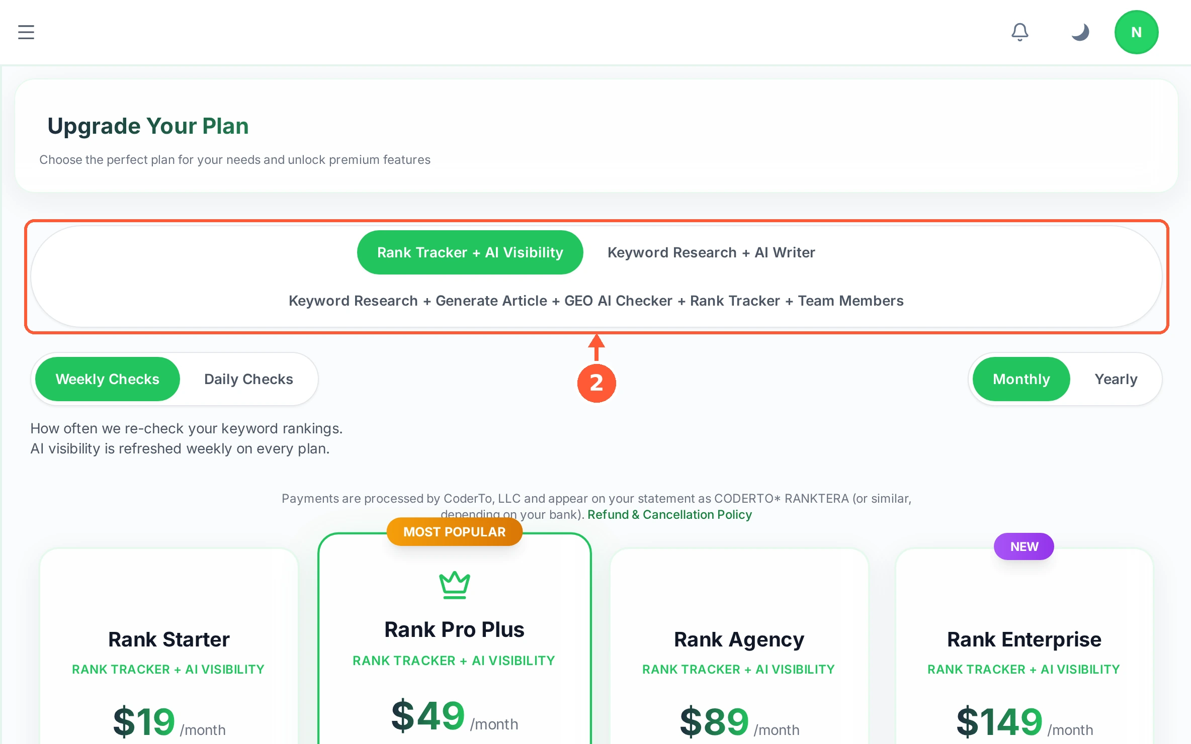 Step 2: The tabs across the top split the plans by what they cover: rank tracking, keyword research and writing, or everything together.