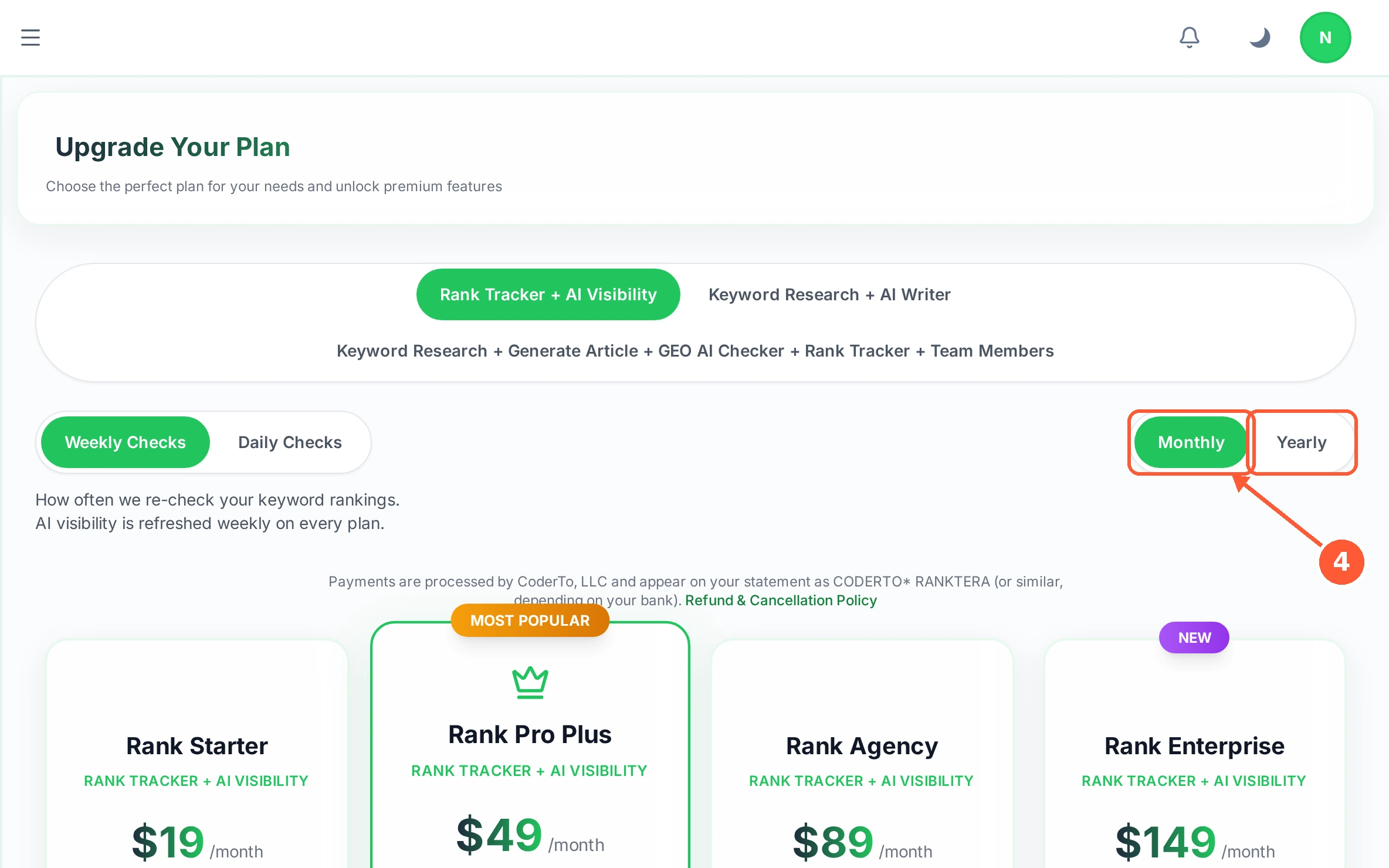 Step 4: Monthly and Yearly switch the prices between paying each month and paying for a year at once.